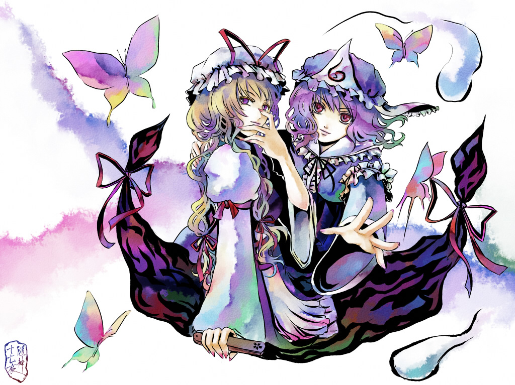 kannagara kanagi, saigyouji yuyuko, yakumo yukari, touhou, bad id, bad pixiv id, 2girls, blonde hair, bug, butterfly, dress, female focus, gap (touhou), hat, long hair, multiple girls, purple eyes, red eyes, ribbon, white background