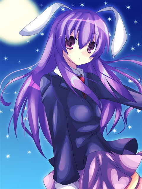 kokoro na, reisen udongein inaba, touhou, bad id, bad pixiv id, 1girl, animal ears, female focus, gradient background, long hair, moon, outdoors, rabbit ears, sky, solo, standing