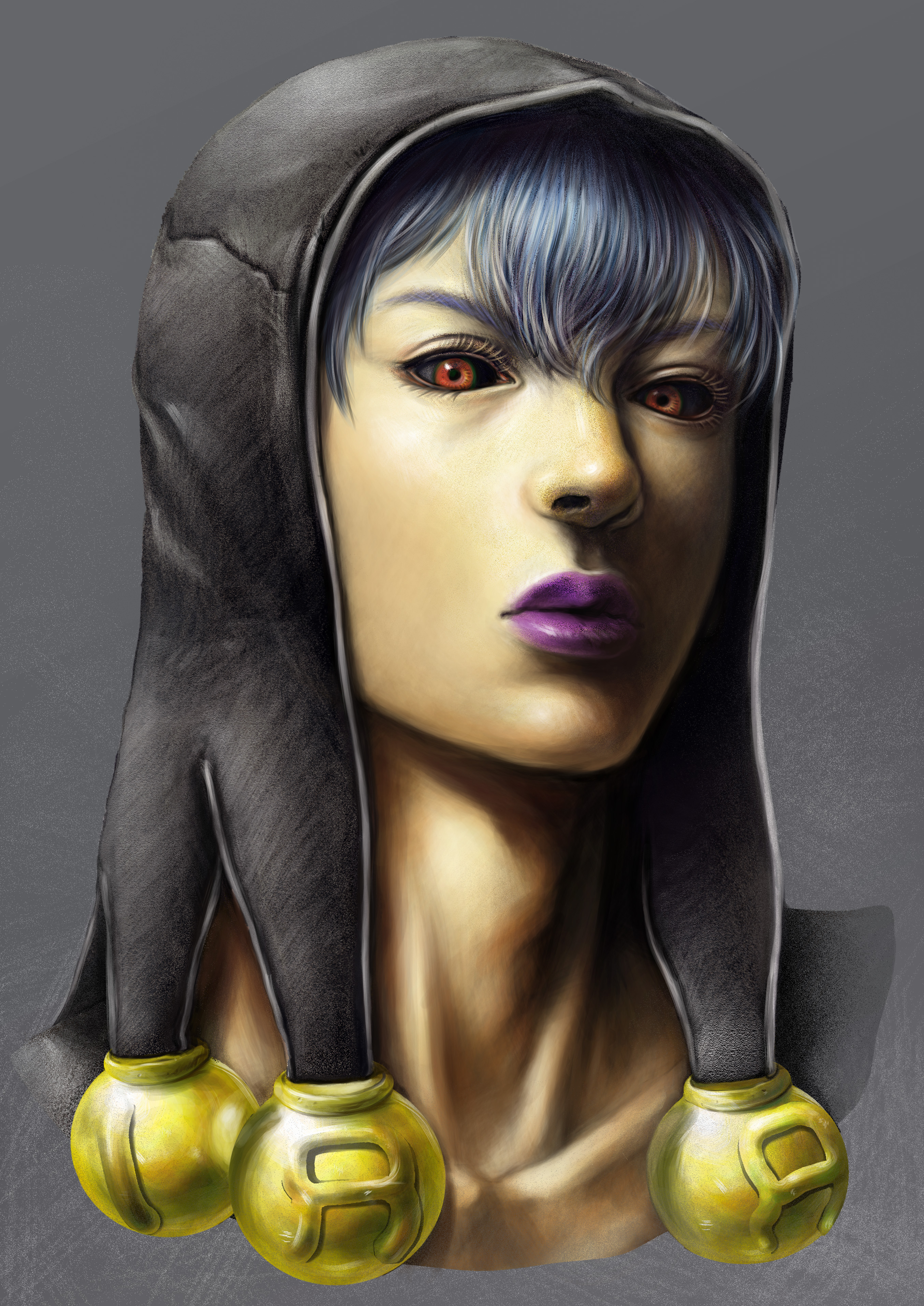 user zwnh8824, risotto nero, jojo no kimyou na bouken, vento aureo, absurdres, commentary request, highres, 1boy, bishounen, black hood, black sclera, blue hair, collarbone, colored sclera, grey background, makeup, male focus, parted bangs, portrait, purple lips, red eyes, solo