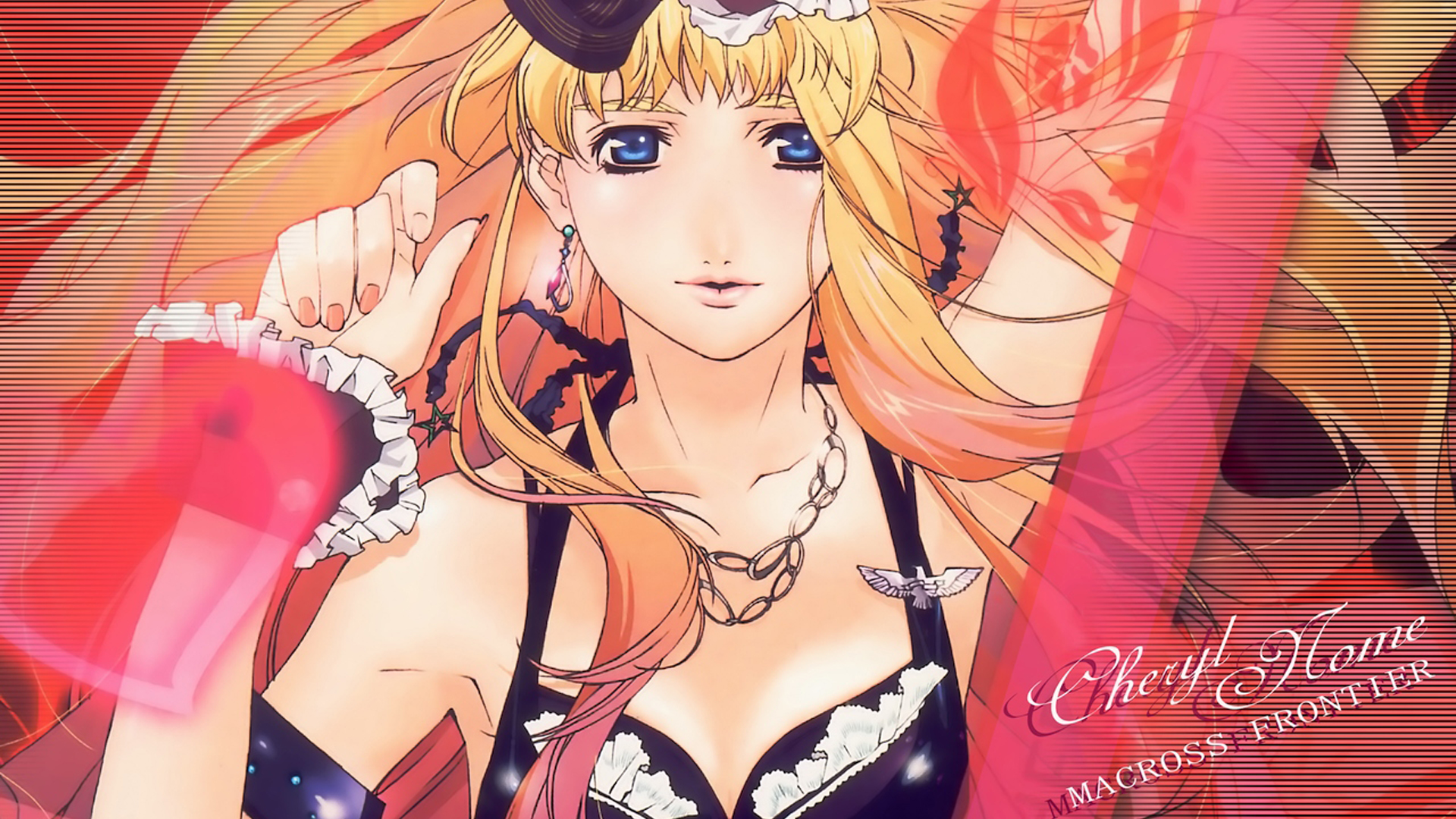 sheryl nome, macross, macross frontier, highres, 00s, 1girl, blonde hair, breasts, cleavage, dress, earrings, female focus, jewelry, medium breasts, smile, solo