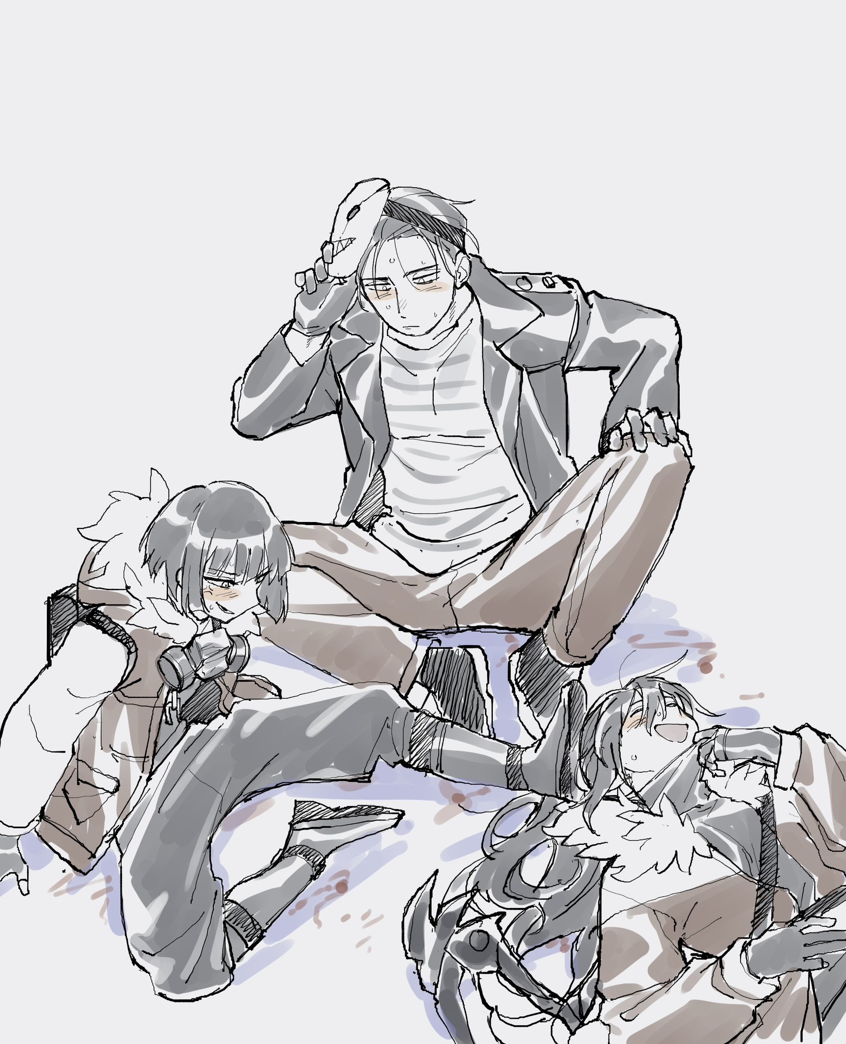 keisotu kuruu, hong lu (project moon), meursault (project moon), ryoshu (project moon), limbus company, project moon, highres, 1girl, 2boys, anger vein, black gloves, black hair, black jacket, black pants, black shirt, black shoes, brown jacket, brown pants, closed eyes, full body, fur-trimmed jacket, fur trim, gas mask, gloves, hook office (identity) (project moon), jacket, long hair, long sleeves, looking at another, lying, mask, mask on head, mouth mask, multiple boys, on back, pants, ponytail, shirt, shoes, simple background, sitting, white background