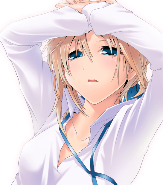 nilitsu, artoria pendragon (fate), saber (fate), fate/stay night, fate (series), 00s, 1girl, blonde hair, blouse, blue eyes, female focus, green eyes, open clothes, open shirt, shirt, solo