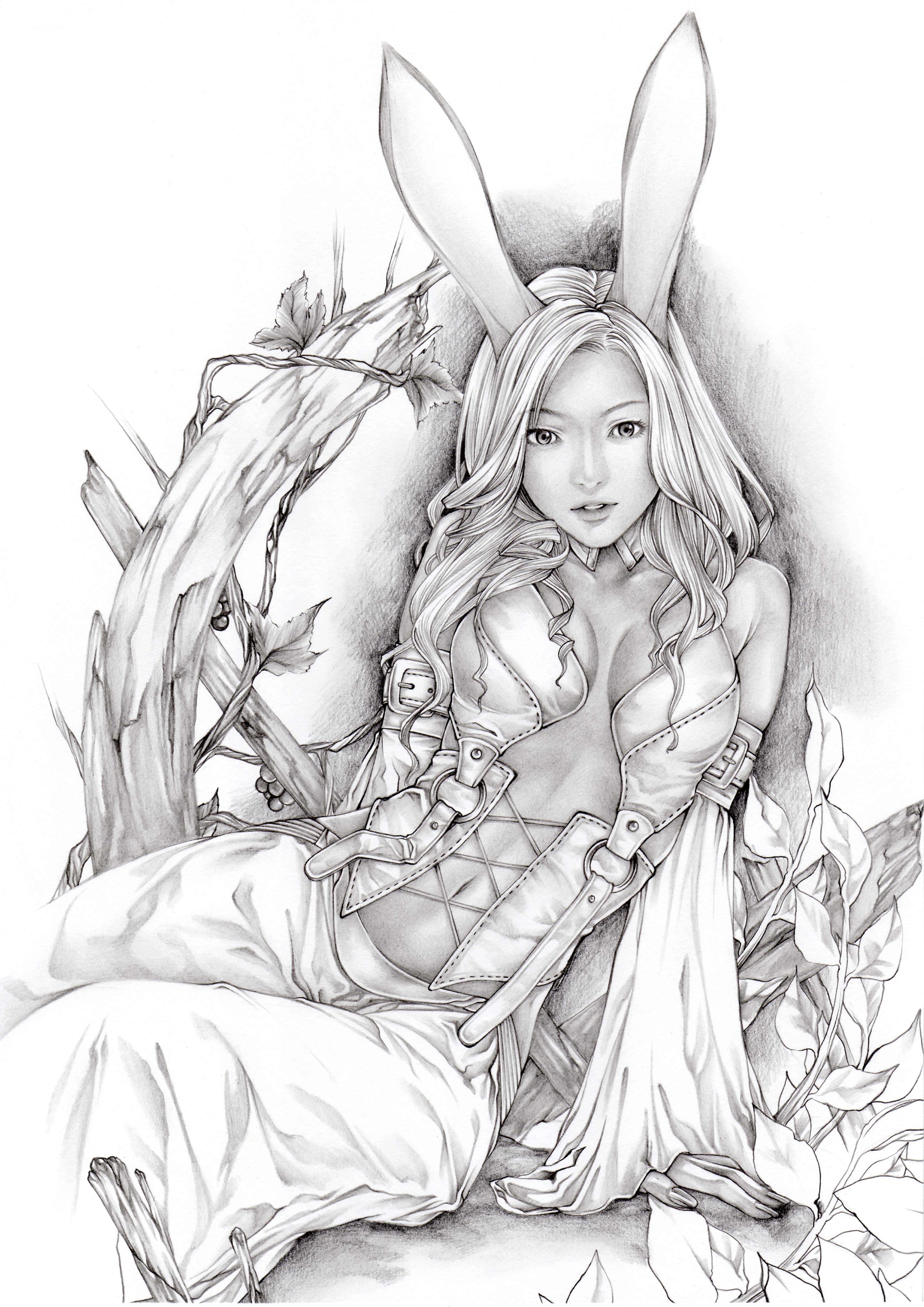 final fantasy, final fantasy xii, absurdres, highres, 00s, 1girl, animal ears, breasts, cleavage, female focus, greyscale, large breasts, long hair, monochrome, rabbit ears, solo, viera