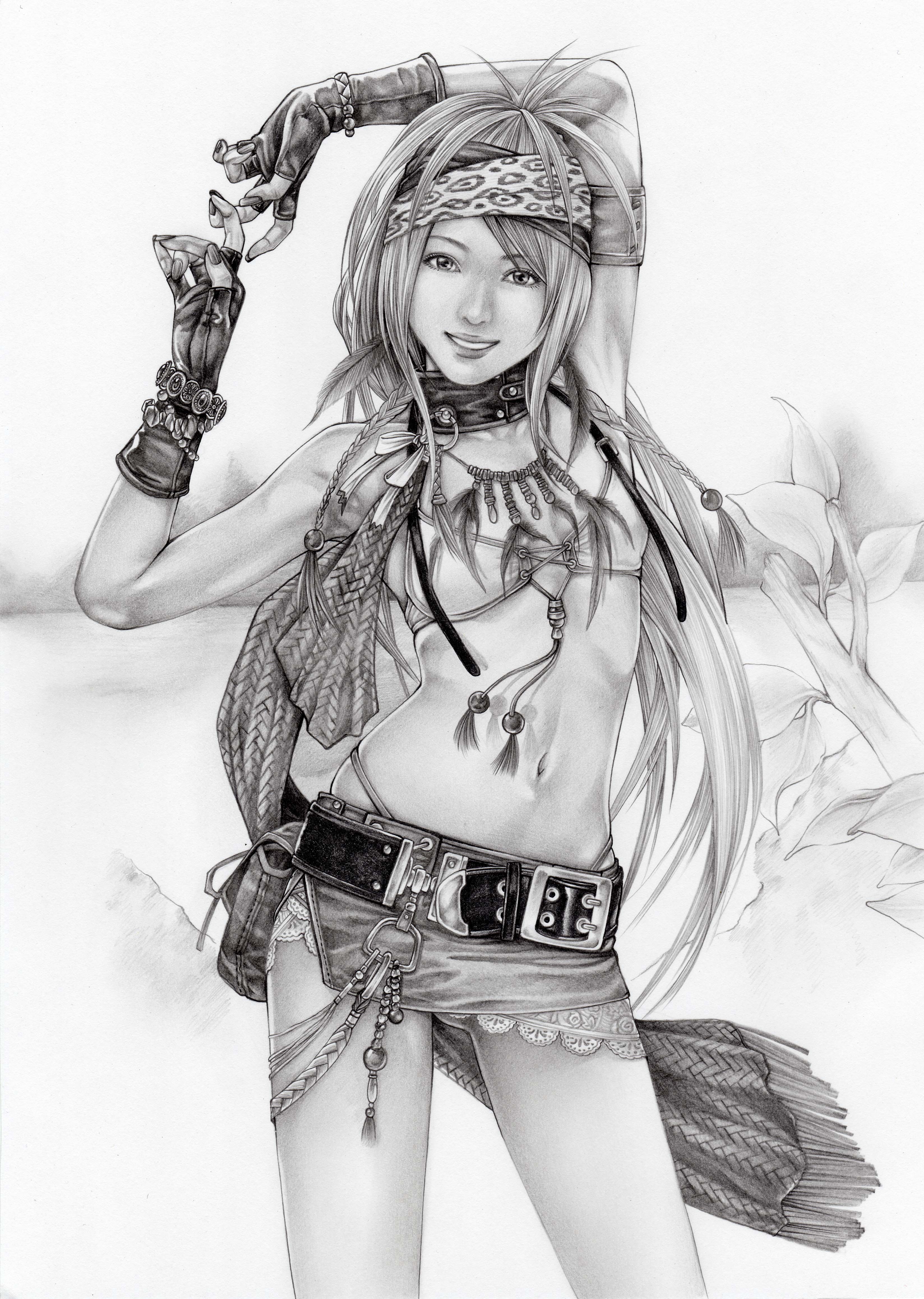 rikku (ff10), final fantasy, final fantasy x, final fantasy x-2, absurdres, artist request, highres, source request, 00s, 1girl, armpits, bare legs, braid, female focus, fingernails, flat chest, gloves, greyscale, headband, long hair, midriff, miniskirt, monochrome, nail polish, navel, realistic, skirt, smile, solo, twin braids, very long hair