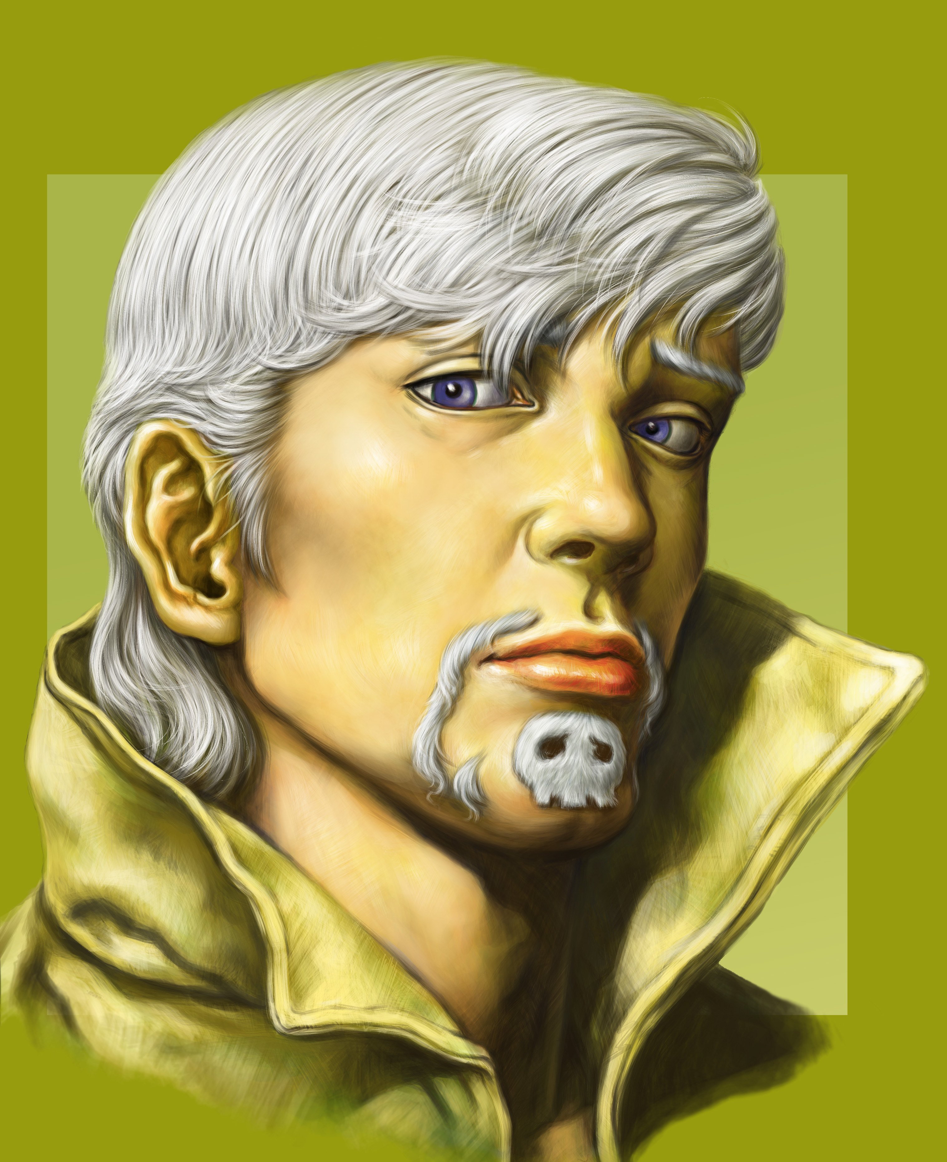 user zwnh8824, ringo roadagain, jojo no kimyou na bouken, steel ball run, absurdres, commentary request, highres, 1boy, beard, blue eyes, close-up, cropped shoulders, facial hair, goatee, green background, green shirt, looking at viewer, male focus, mustache, orange lips, popped collar, portrait, shirt, skull, solo, white hair