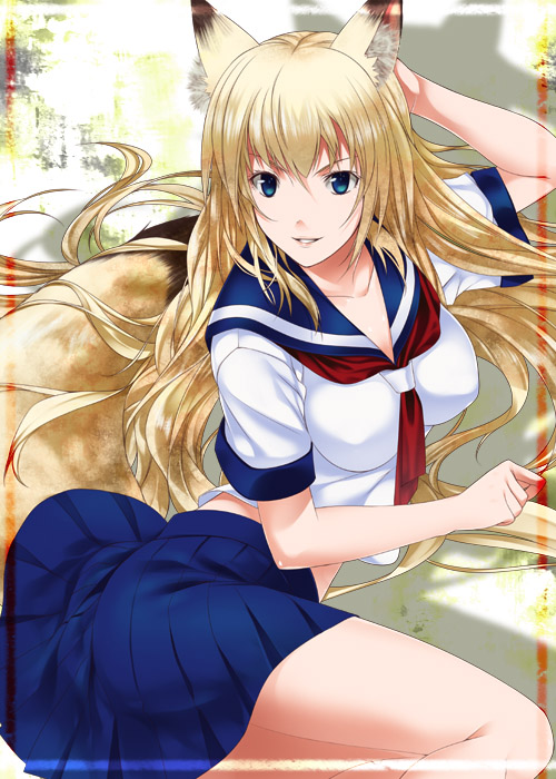 mizuki makoto, tenko kuugen, wagaya no oinari-sama, 00s, animal ears, blonde hair, blue eyes, fox ears, long hair, school uniform, serafuku, solo, tail, very long hair