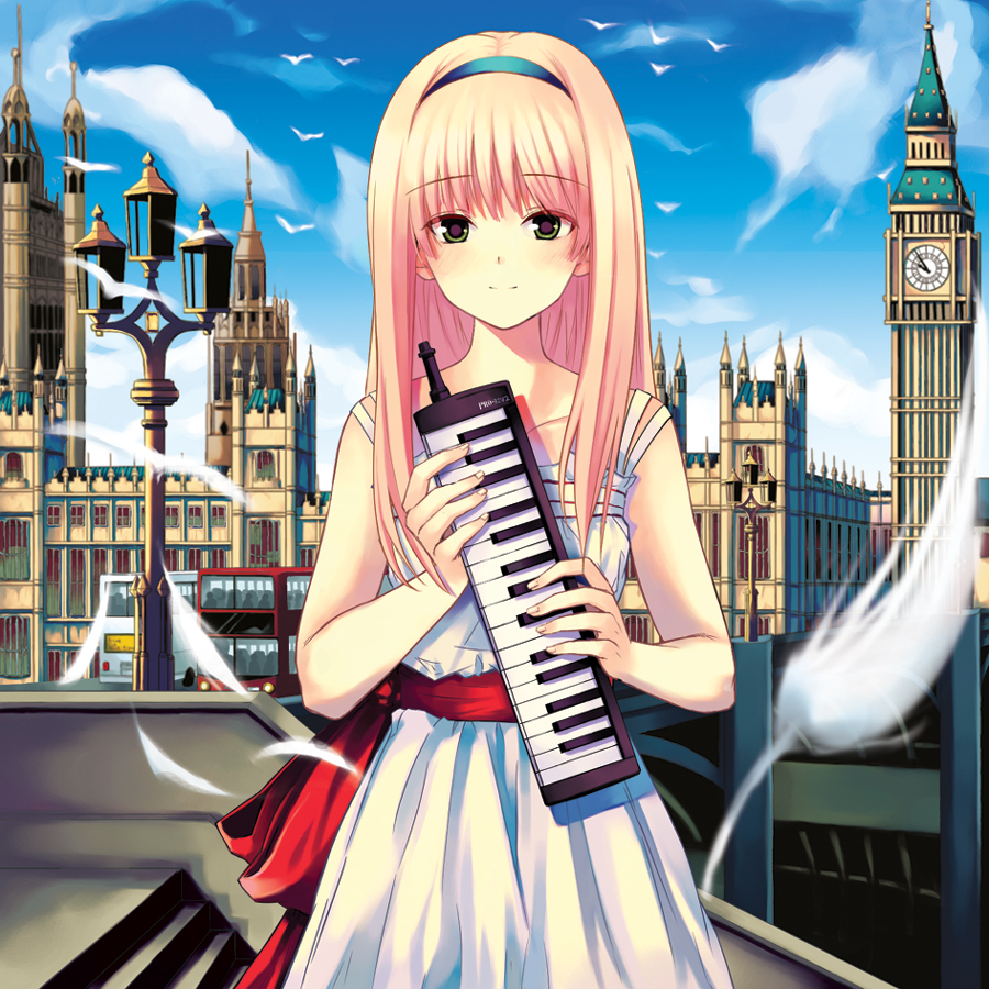 kitagawa unagi, bad id, bad pixiv id, bird, blonde hair, building, clock, clock tower, elizabeth tower, feathers, green eyes, hairband, instrument, keyboard (instrument), long hair, melodica, solo, tower, westminster palace