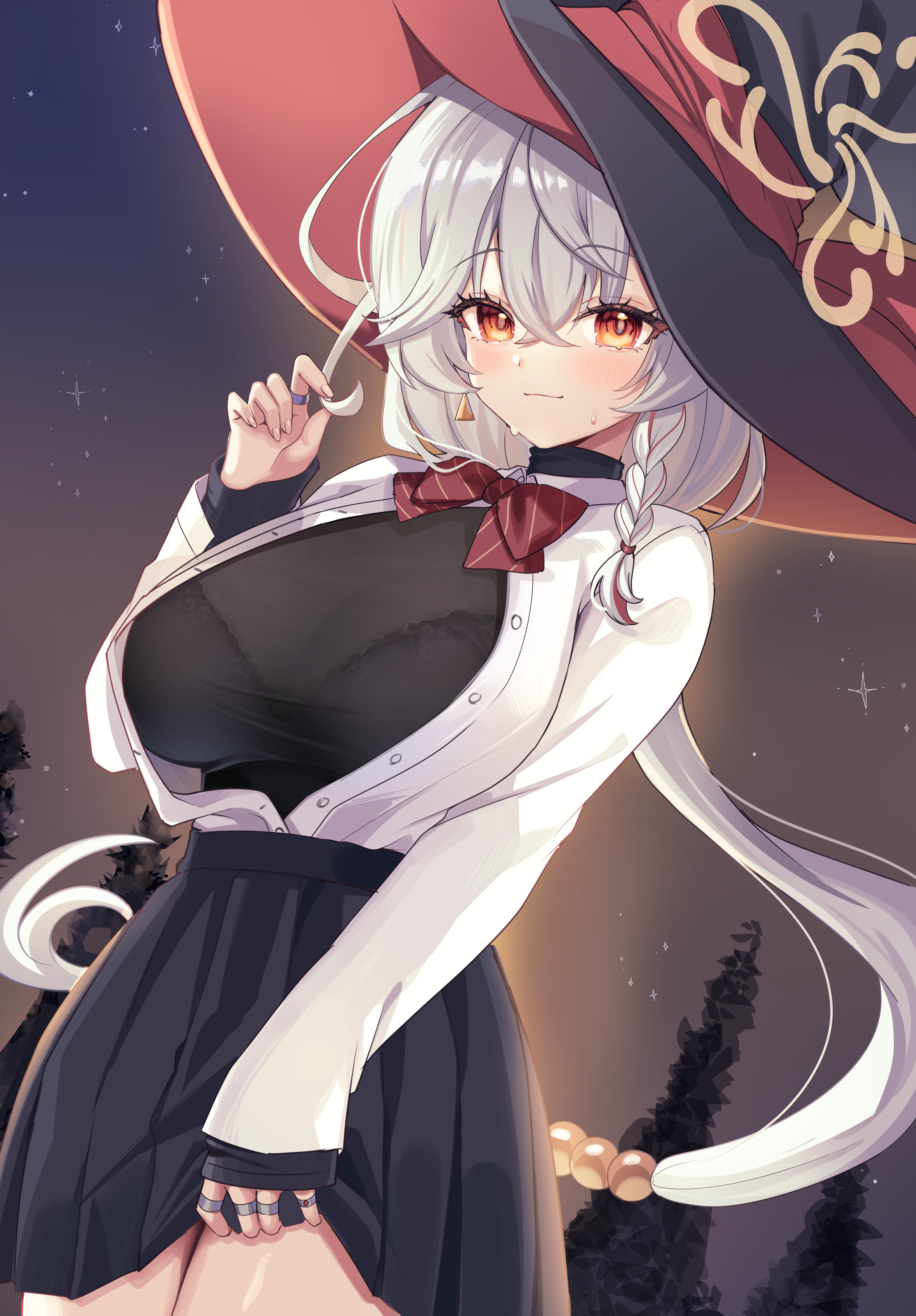 katsushika pachi, eri (blue archive), blue archive, absurdres, commentary, highres, 1girl, black hat, bow, bowtie, bra, bra visible through clothes, braid, breasts, closed mouth, halo, hat, jewelry, large breasts, long hair, long sleeves, looking at viewer, multiple rings, red bow, red bowtie, ring, shirt, single braid, smile, solo, underwear, white shirt, witch hat, yellow halo