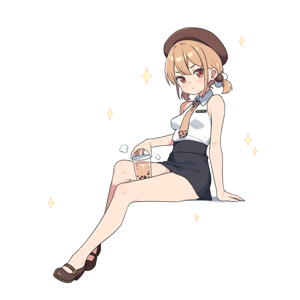 hatsunatsu, xiaoyuan (you can eat the girl), you can eat the girl, commentary request, 1girl, bare arms, bare legs, bare shoulders, between thighs, black skirt, blush, breasts, brown eyes, brown hair, brown necktie, brown shoes, bubble tea, closed mouth, collared shirt, cup, disposable cup, hair between eyes, hair bobbles, hair ornament, holding, holding cup, looking at viewer, necktie, pencil skirt, shadow, shirt, shoes, short twintails, simple background, skirt, sleeveless, sleeveless shirt, small breasts, solo, sparkle, twintails, v-shaped eyebrows, white background, white shirt
