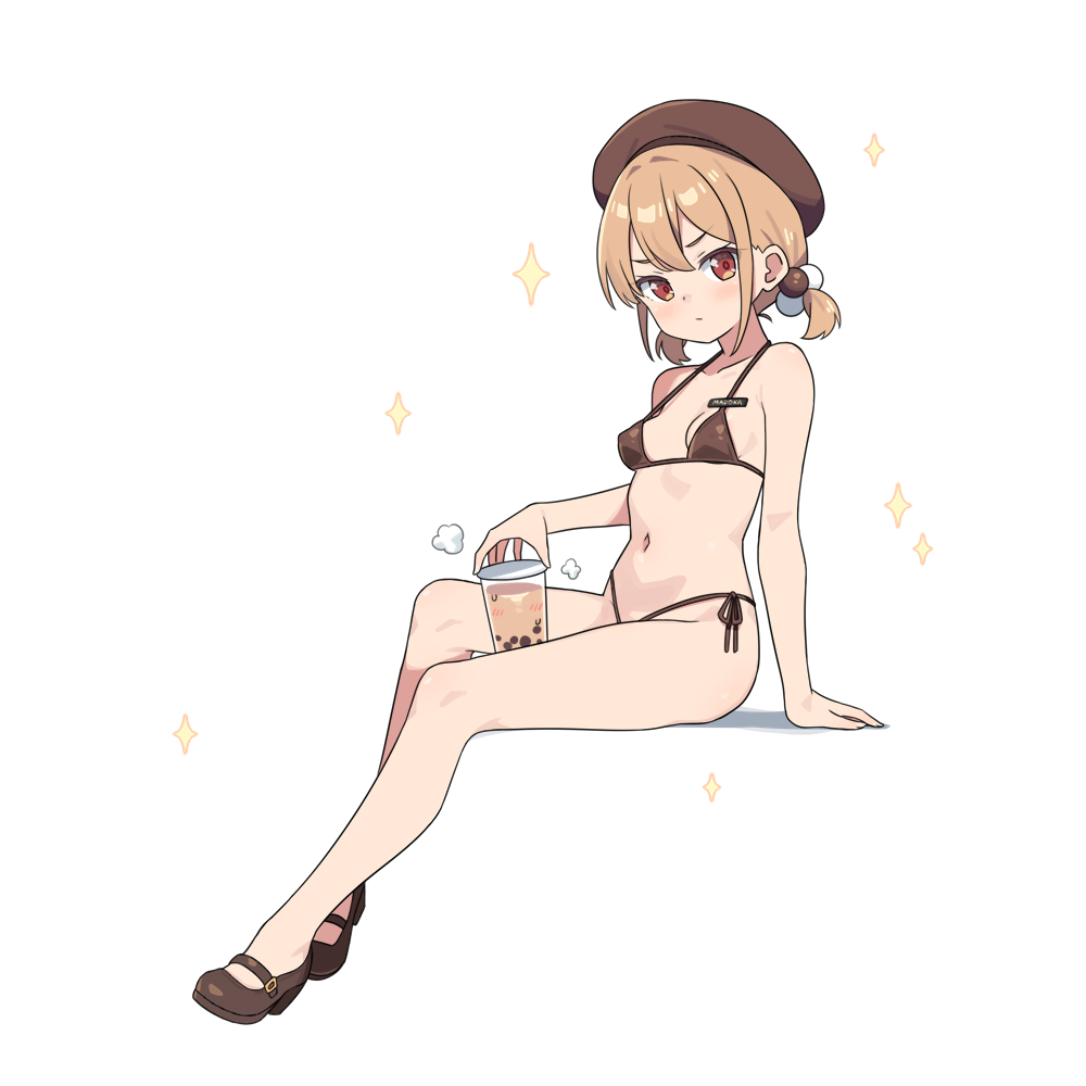 hatsunatsu, xiaoyuan (you can eat the girl), you can eat the girl, 1girl, bare arms, bare legs, bare shoulders, between thighs, bikini, blush, breasts, brown bikini, brown eyes, brown hair, brown shoes, bubble tea, closed mouth, cup, disposable cup, hair between eyes, hair bobbles, hair ornament, highleg, highleg bikini, holding, holding cup, looking at viewer, navel, shadow, shoes, short twintails, side-tie bikini bottom, simple background, small breasts, solo, sparkle, swimsuit, twintails, v-shaped eyebrows, white background