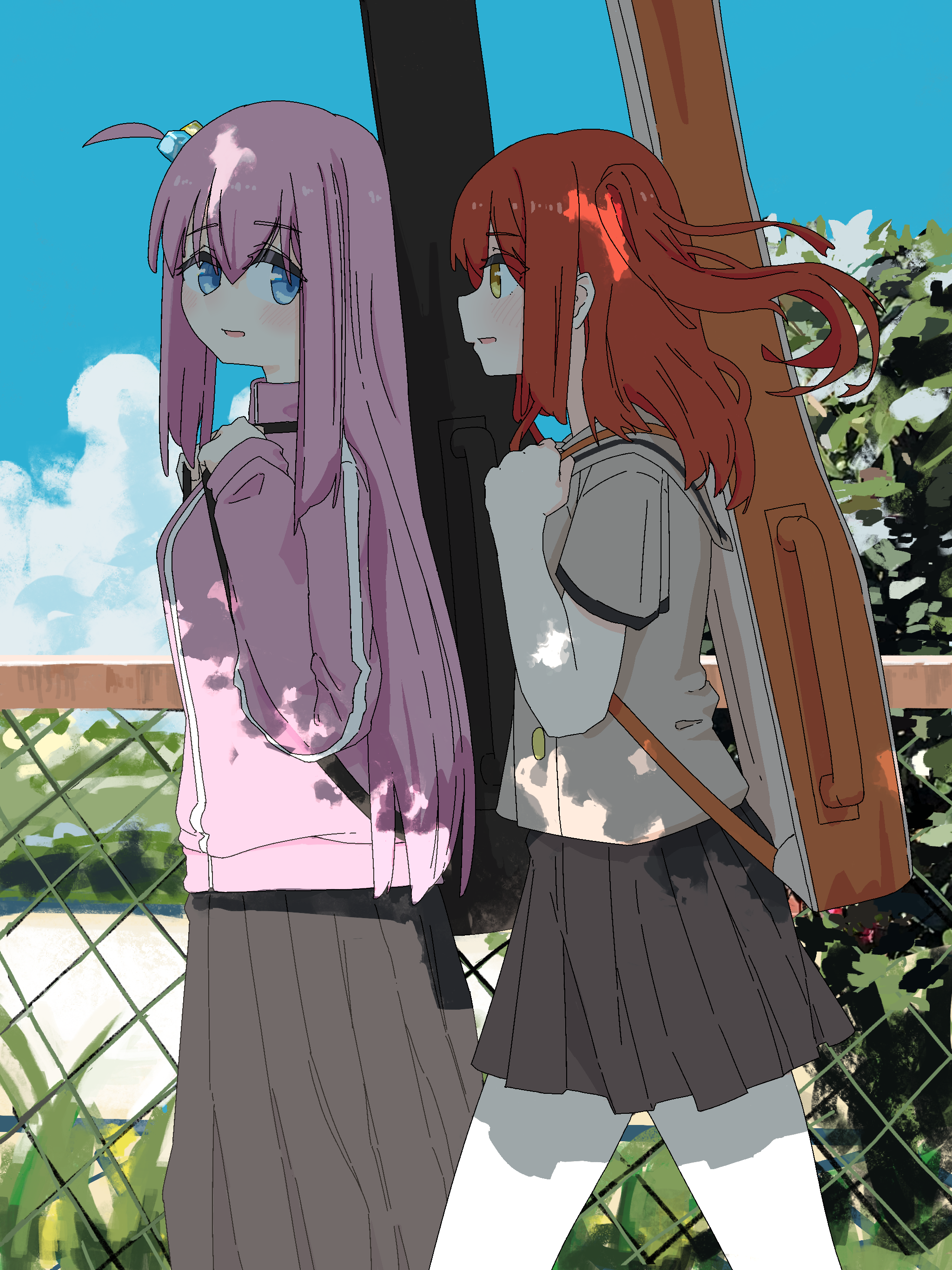 gotoh hitori, kita ikuyo, bocchi the rock!, absurdres, commentary request, highres, 2girls, black skirt, blue eyes, blue sky, chain-link fence, cloud, cube hair ornament, dappled sunlight, fence, from side, green eyes, guitar case, hair between eyes, hair ornament, instrument case, jacket, long hair, long sleeves, looking at another, multiple girls, nasubi 999, one side up, open mouth, outdoors, pink hair, pink jacket, pleated skirt, profile, red hair, sailor collar, school uniform, serafuku, shirt, short sleeves, shuka high school uniform, skirt, sky, sunlight, track jacket, walking, white sailor collar, white shirt