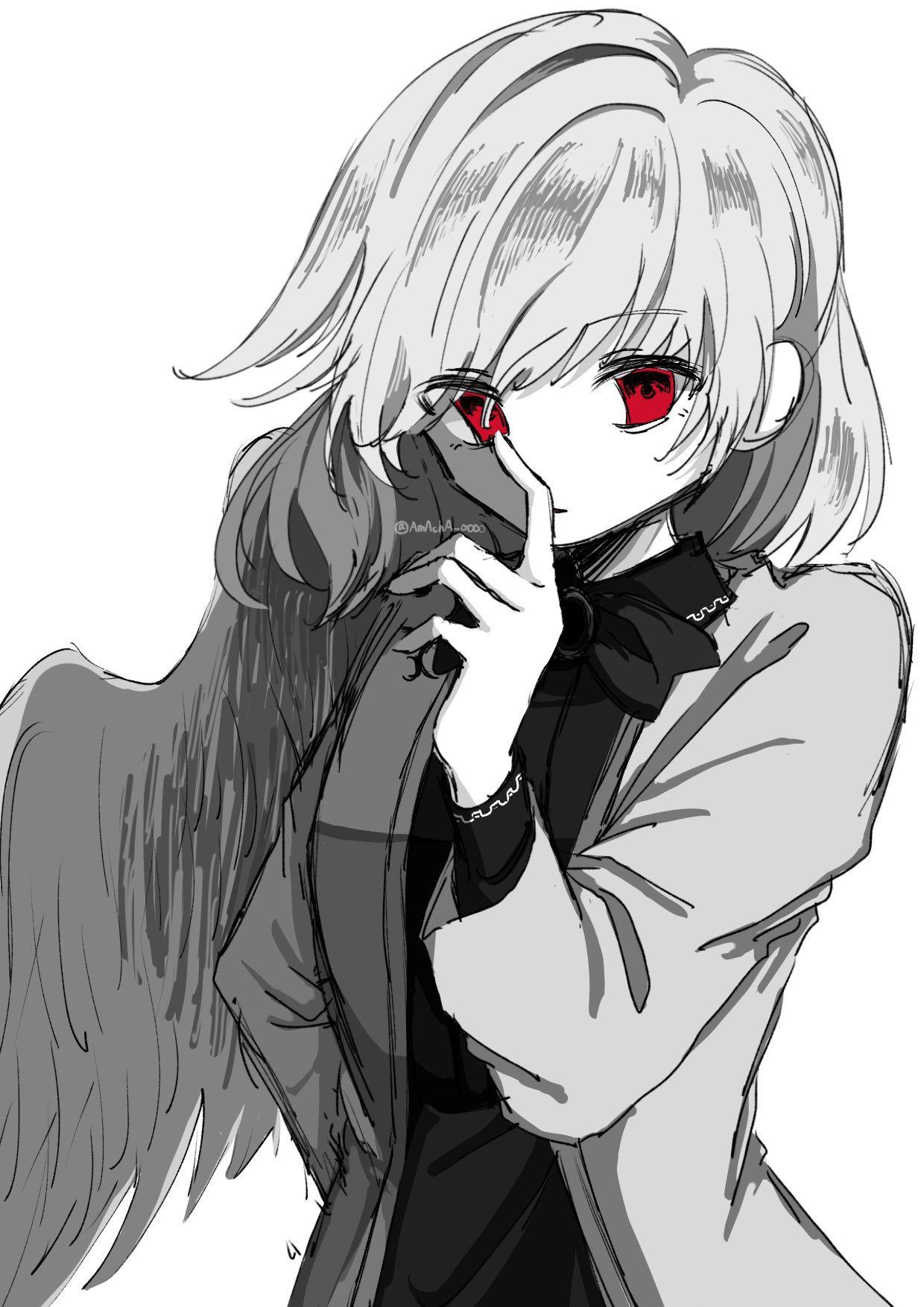 amacha 0000, kishin sagume, touhou, highres, 1girl, expressionless, finger to mouth, hand up, index finger raised, jacket, long sleeves, looking at viewer, partially colored, red eyes, shirt, single wing, solo, twitter username, upper body, white background, white hair, wings
