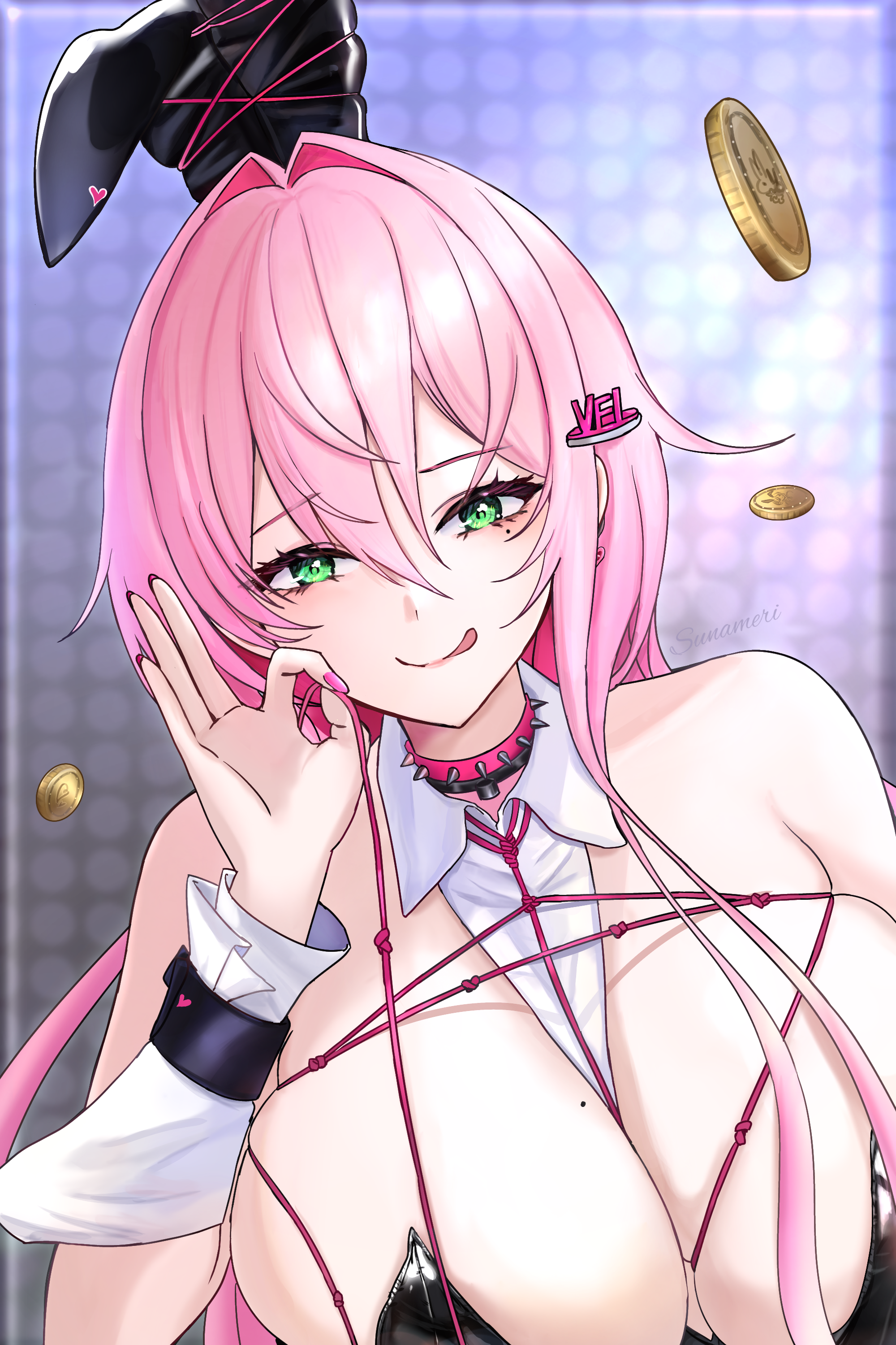 sunameri (pixiv3564245), goddess of victory: nikke, absurdres, character request, commentary request, highres, 1girl, animal ears, bare shoulders, between breasts, black leotard, breasts, cleavage, coin, collar, fake animal ears, green eyes, hair between eyes, hair intakes, hand up, large breasts, leotard, long hair, nail polish, pink collar, pink hair, pink nails, playboy bunny, rabbit ears, signature, solo, spiked collar, spikes, strapless, strapless leotard, upper body, very long hair, wrist cuffs