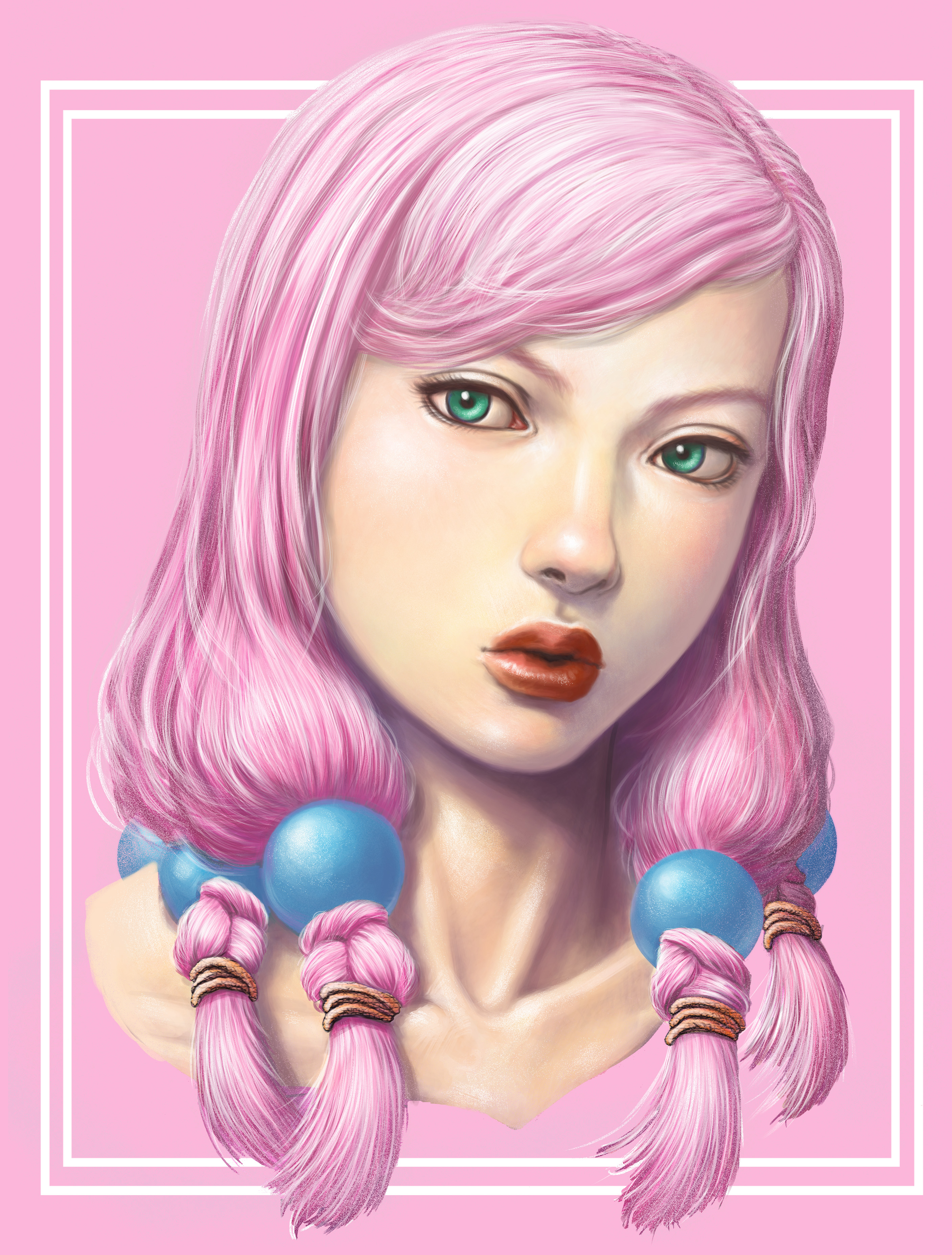 user zwnh8824, hirose yasuho, jojo no kimyou na bouken, jojolion, absurdres, commentary request, highres, 1girl, border, collarbone, cropped shoulders, green eyes, hair bobbles, hair ornament, long hair, looking at viewer, makeup, pink background, pink hair, portrait, quad tails, red lips, solo, white border