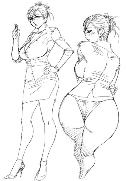 tatsunami youtoku, source request, 1girl, ass, bottomless, breasts, business suit, curvy, formal clothes, glasses, greyscale, hair bun, hand on own hip, high heels, hip focus, huge breasts, jacket, looking back, mature female, monochrome, pencil skirt, shoes, single hair bun, sketch, skirt, skirt suit, standing, suit, wide hips