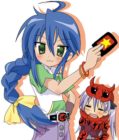 massala, hiiragi kagami, izumi konata, momotaros, kamen rider, kamen rider den-o (series), lucky star, lowres, 2girls, :3, = =, ahoge, alternate hairstyle, braid, cosplay, mole, mole under eye, momotaros (cosplay), multiple girls, parody