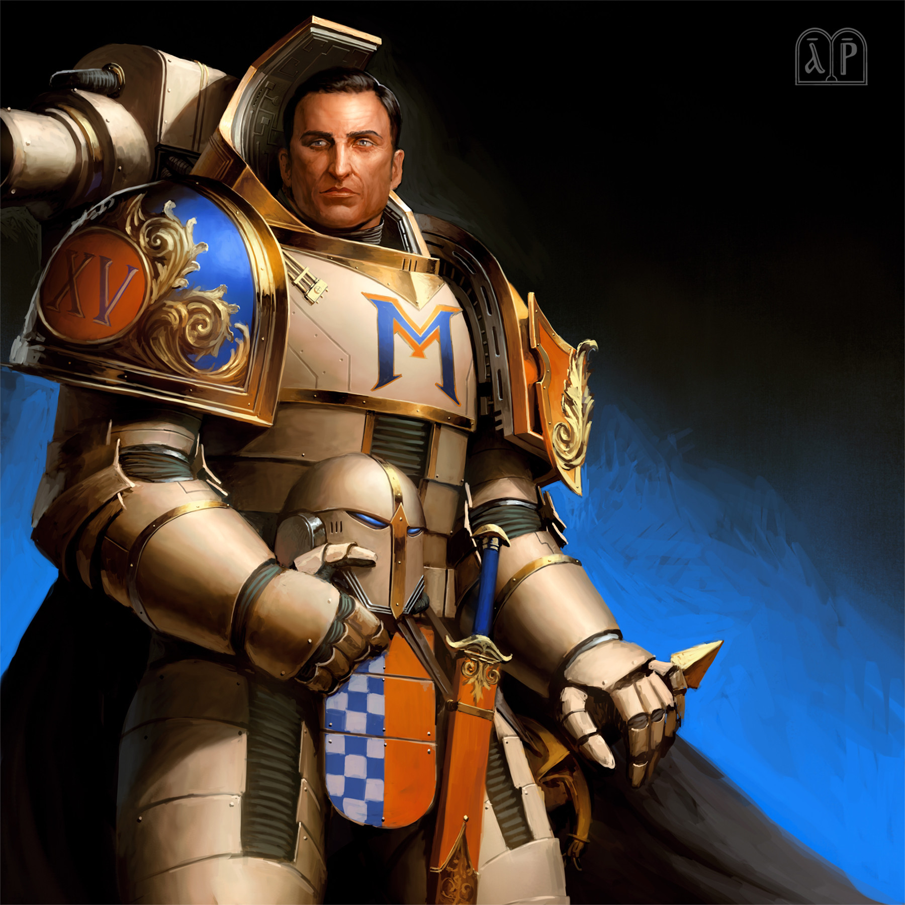 elijah arhpriest, adeptus astartes, thousand sons, warhammer 40k, commentary, english commentary, highres, 1boy, ahzek ahriman, armor, artist logo, black background, black cloak, black hair, blue armor, blue background, breastplate, cloak, closed mouth, expressionless, full armor, gauntlets, grey eyes, hand on hilt, helmet, holding, holding unworn helmet, knife, knife sheath, letter print, logo, looking to the side, male focus, no headwear, ornate armor, pauldrons, pelvic curtain, roman numeral, scabbard, sheath, sheathed, shield print, shoulder armor, simple background, tube, unworn headwear, unworn helmet, vambraces, white armor
