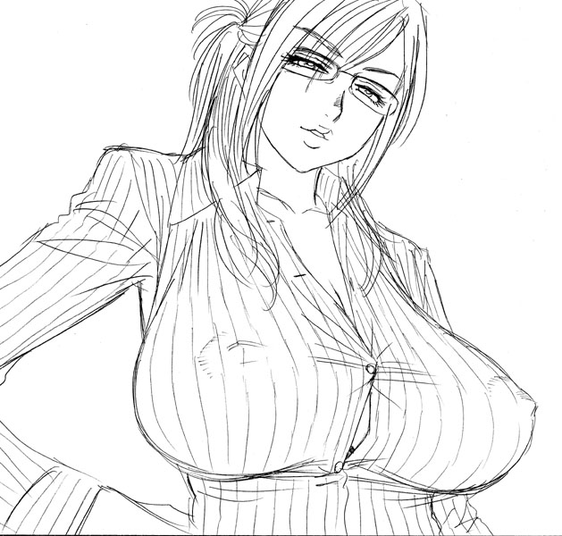 tatsunami youtoku, 1girl, breasts, covered erect nipples, female focus, glasses, greyscale, large breasts, monochrome, shirt, solo, striped clothes, striped shirt, vertical-striped clothes, vertical-striped shirt