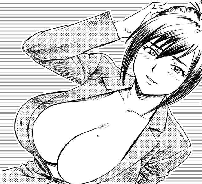 tatsunami youtoku, fusano fumie, milk junkies, milk junkies 2, 1girl, blush, breasts, business suit, cleavage, covered erect nipples, dutch angle, female focus, formal clothes, greyscale, huge breasts, mature female, mole, mole on breast, monochrome, no bra, no shirt, short hair, smile, solo, suit