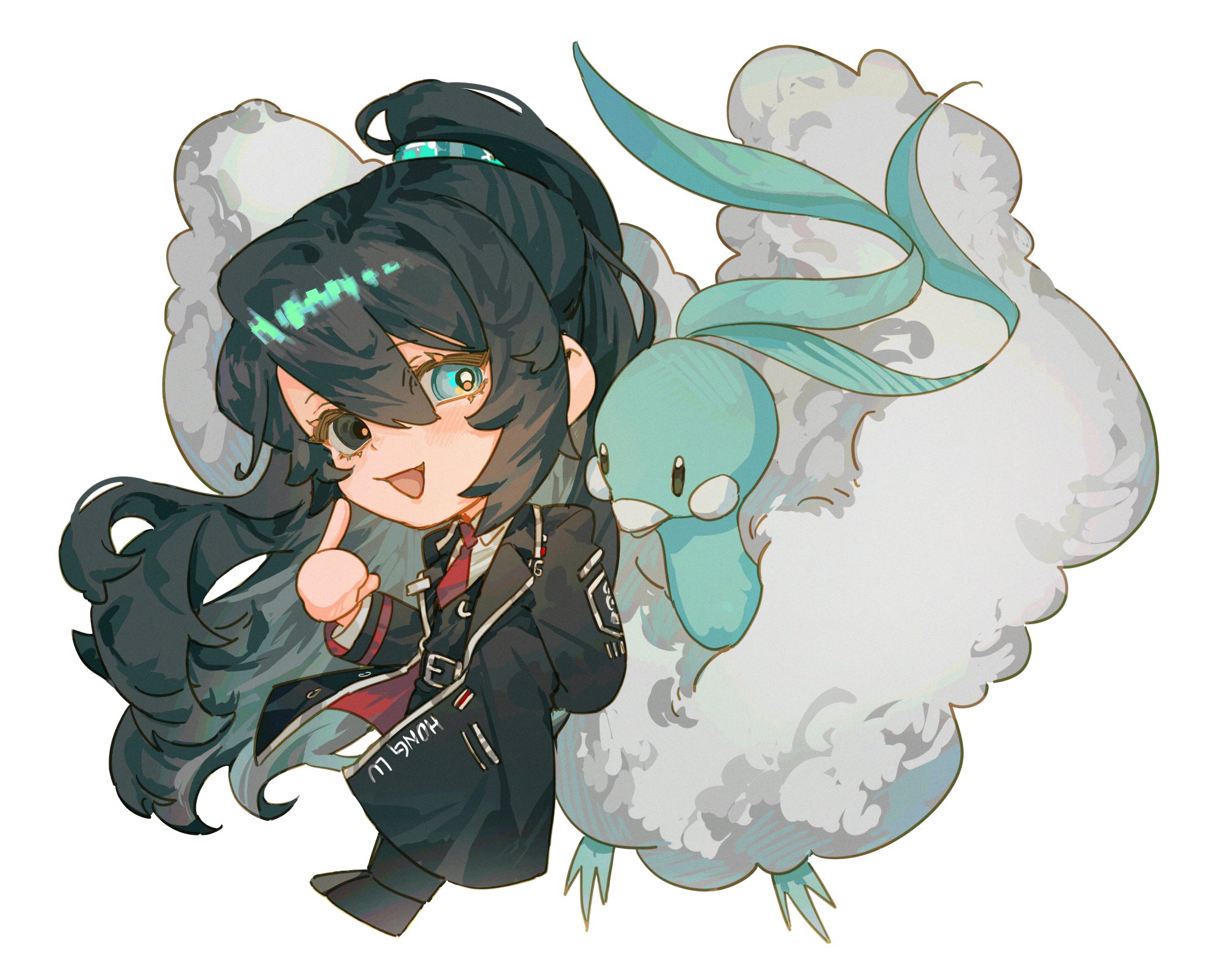 thoordin limbs, altaria, hong lu (project moon), limbus company, nintendo, pokemon, project moon, highres, 1boy, :d, bird, black coat, black eyes, black hair, black vest, blue eyes, blue feathers, chibi, coat, collared shirt, feathers, fluffy, full body, gen 3 pokemon, heterochromia, high ponytail, long hair, long sleeves, looking at another, male focus, necktie, open mouth, pokemon (creature), ponytail, red necktie, shirt, simple background, smile, standing, vest, white background, white feathers, white shirt