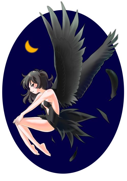 rue (princess tutu), princess tutu, 00s, 1girl, barefoot, black hair, black wings, feathers, female focus, moon, night, sky, solo, wings