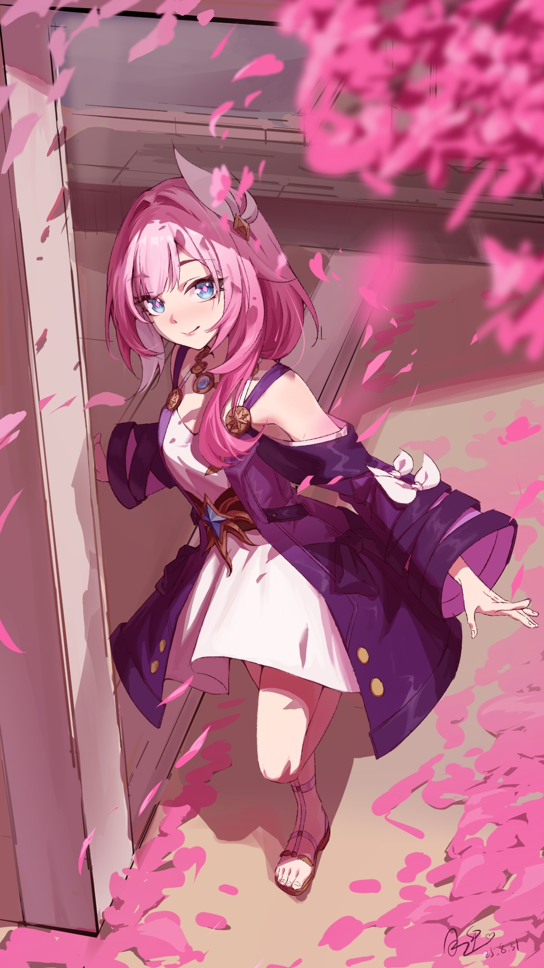 cyrene (honkai: star rail), honkai: star rail, honkai (series), chinese commentary, commentary request, highres, 1girl, bare shoulders, blue eyes, breasts, cherry blossoms, coat, dress, falling petals, hair ornament, jewelry, medium hair, necklace, petals, pink hair, purple coat, sandals, small breasts, smile, solo, standing, standing on one leg, toes, wangwentao77968, white dress