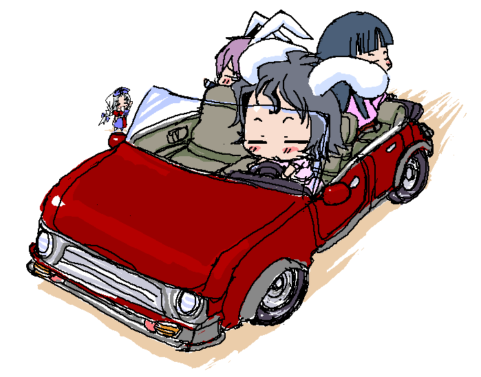 baku taso, itigekimaru, houraisan kaguya, inaba tewi, reisen udongein inaba, yagokoro eirin, touhou, 4girls, animal ears, chibi, female focus, multiple girls, rabbit ears, sitting, vehicle focus
