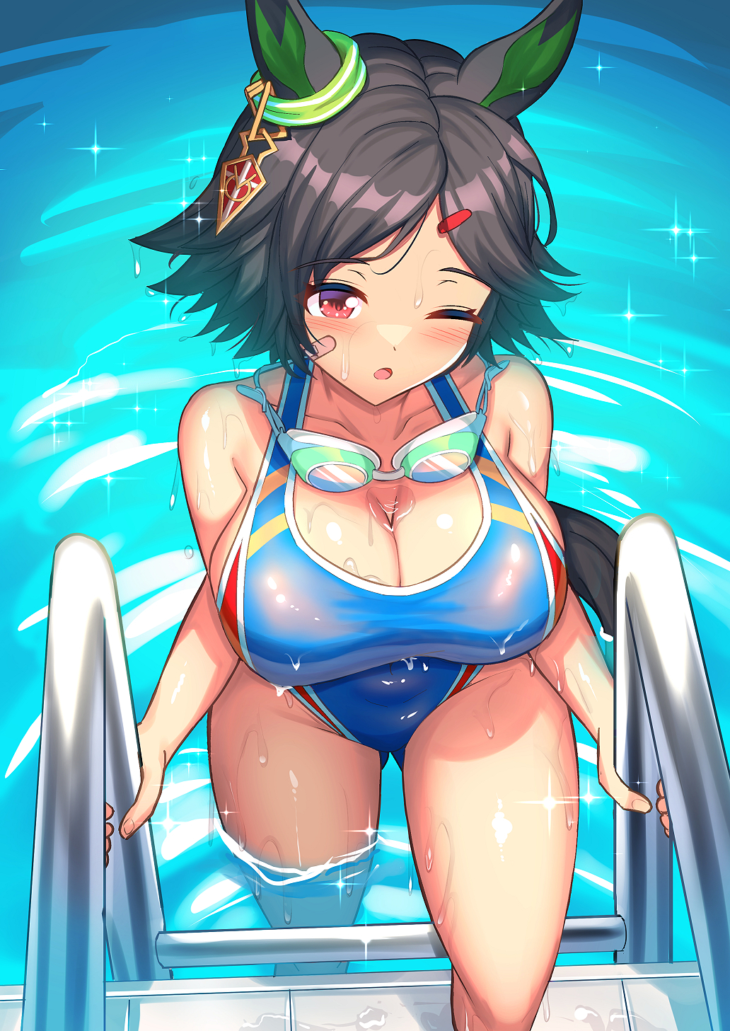 yuutopia, winning ticket (umamusume), umamusume, commission, highres, skeb commission, alternate costume, black hair, blue one-piece swimsuit, blush, breasts, cleavage, climbing ladder, ear ornament, from above, goggles, goggles around neck, large breasts, one-piece swimsuit, one eye closed, pool ladder, poolside, red eyes, short hair, swim goggles, swimsuit, thighs, water, wet