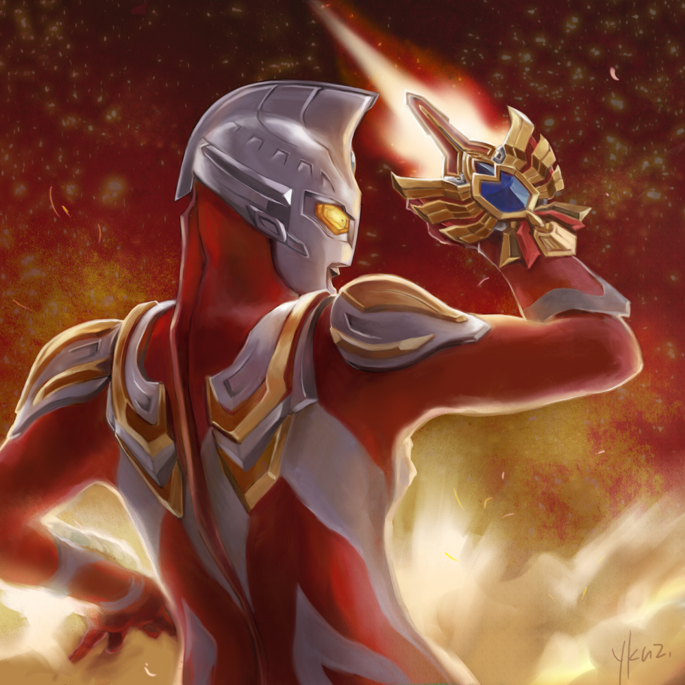snowslide, ultraman max, ultra series, ultraman max (series), commentary, 1boy, alien, arm guards, arm up, armor, artist name, blue gemstone, breastplate, colored skin, dorsal fin, energy blade, fiery background, fire, forehead jewel, from behind, gem, glowing, glowing eyes, light particles, looking ahead, male focus, max galaxy, max spark, multicolored skin, pectorals, red skin, shoulder armor, shoulder pads, signature, silver skin, solo, spine, tokusatsu, toned, toned male, two-tone skin, upper body, weapon, yellow eyes