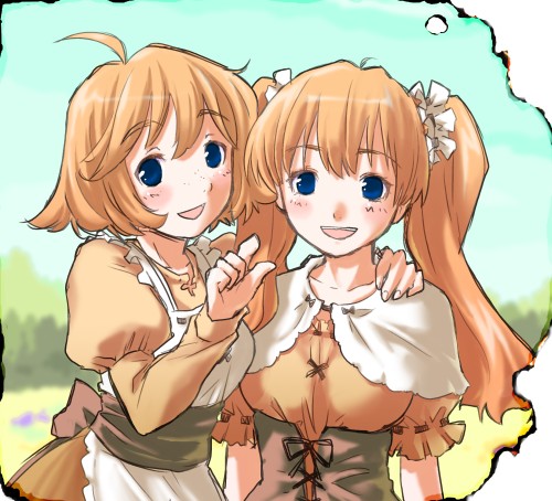 lowres, 2girls, apron, blue eyes, burnt, multiple girls, orange hair, red hair, short hair, twintails