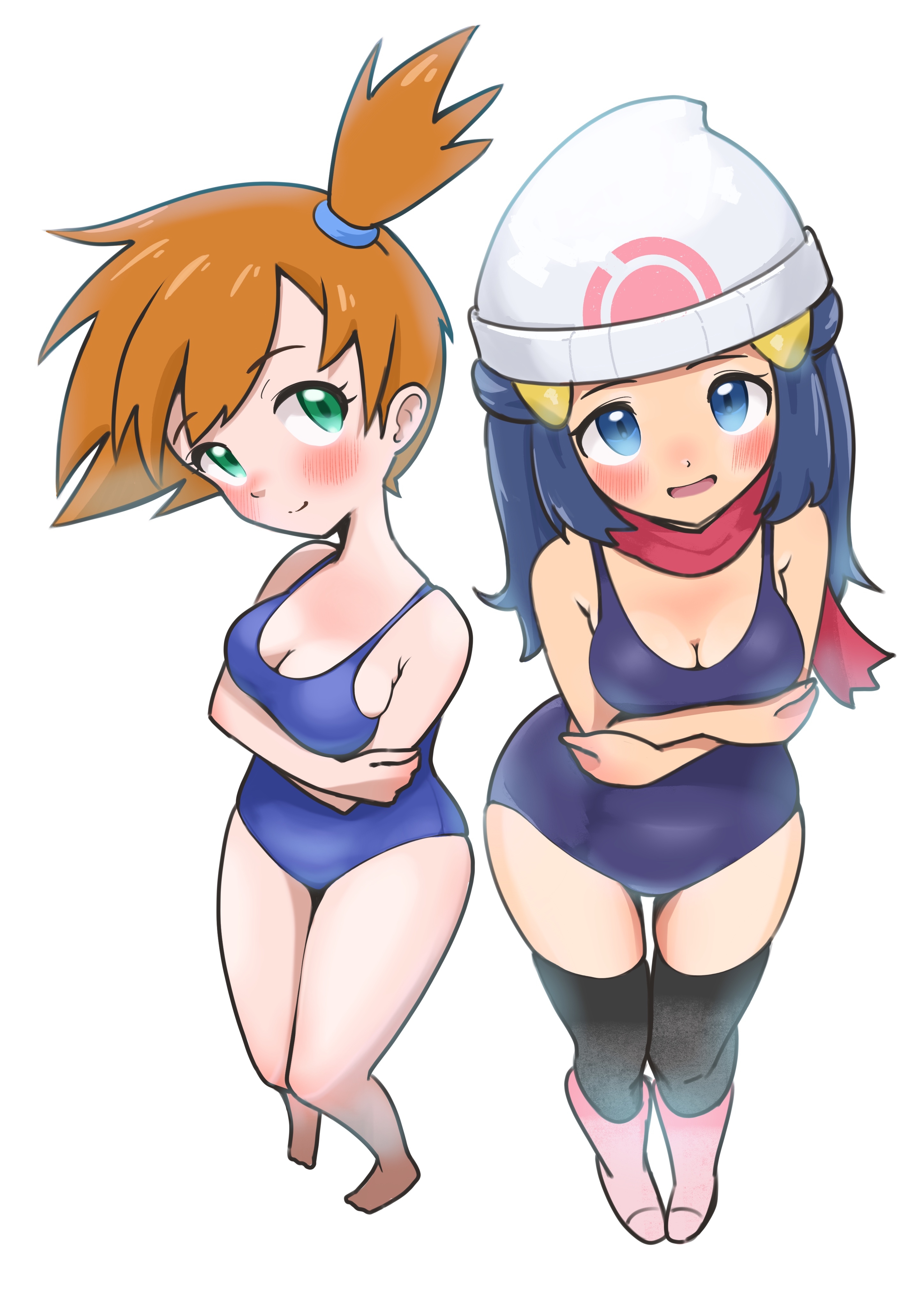 microsd (pibo), dawn (pokemon), misty (pokemon), nintendo, pokemon, pokemon dppt, pokemon rgby, 2girls, arms under breasts, barefoot, beanie, black thighhighs, blue eyes, blue hair, blue one-piece swimsuit, blush, boots, breasts, cleavage, closed mouth, crossed arms, green eyes, hair ornament, hat, long hair, looking at viewer, medium breasts, multiple girls, one-piece swimsuit, open mouth, orange hair, red scarf, scarf, school swimsuit, short hair, side ponytail, smile, standing, swimsuit, thighhighs