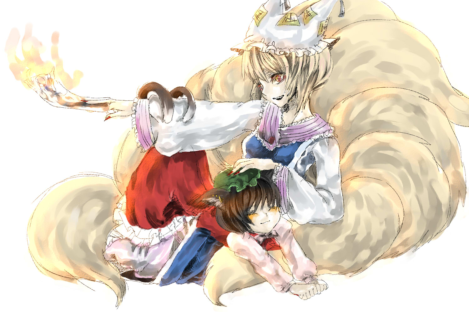 potetomayone zu, chen, yakumo ran, touhou, 2girls, :3, animal ears, animal hat, blonde hair, cat ears, cat girl, cat tail, closed eyes, earrings, female focus, fox tail, hat, jewelry, long sleeves, mob cap, multiple girls, multiple tails, red eyes, short hair, tail, tassel, white background, wide sleeves