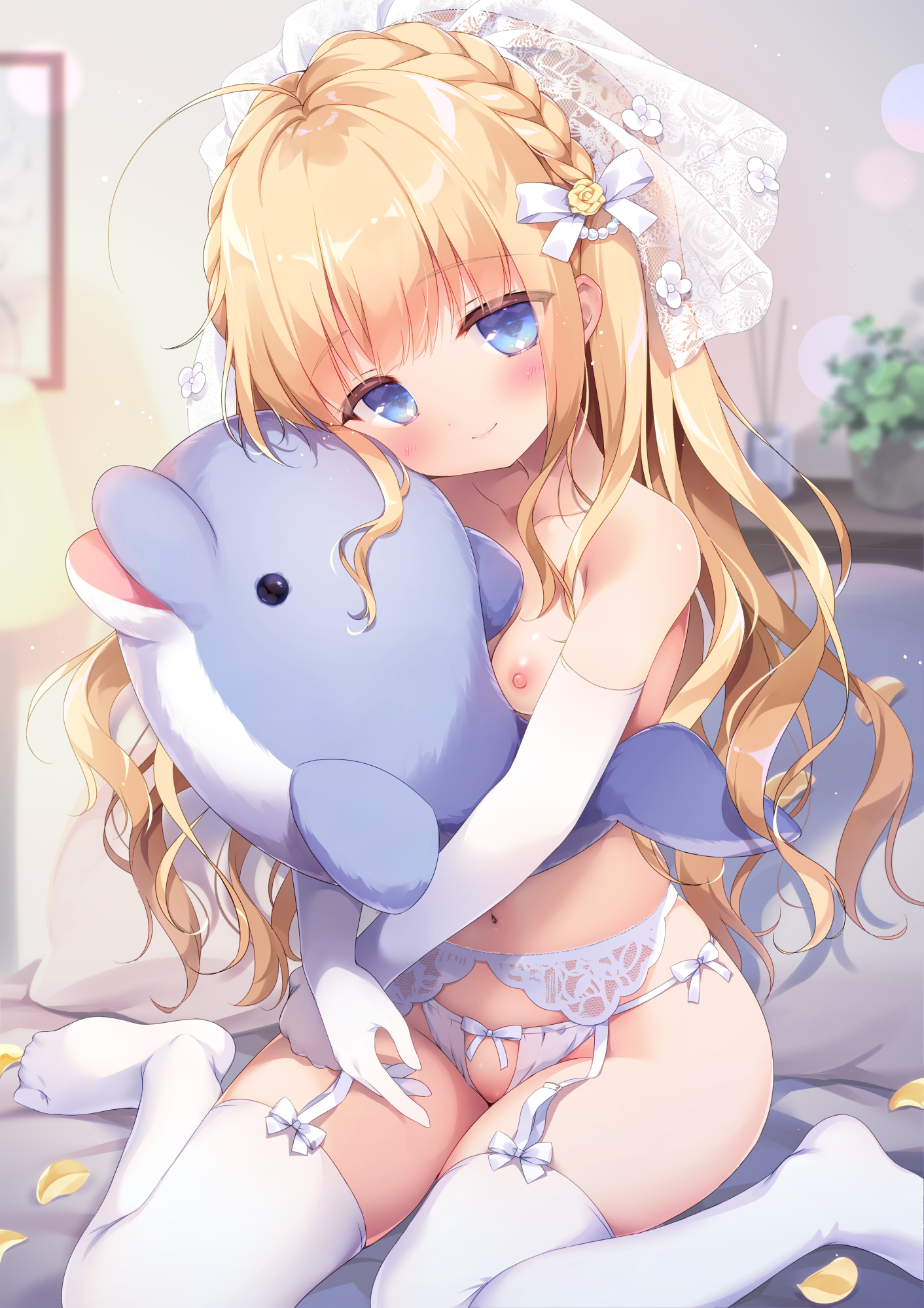 piyodera mucha, original, commentary request, highres, 1girl, ahoge, bare shoulders, blonde hair, blue eyes, blush, bow, bow panties, braid, breasts, closed mouth, collarbone, crotchless, crotchless panties, elbow gloves, flower, garter belt, gloves, groin, hair bow, hugging object, indoors, looking at viewer, navel, nipples, no shoes, on bed, panties, petals, pillow, rose, sitting, small breasts, smile, solo, stuffed animal, stuffed dolphin, stuffed toy, thighhighs, topless female, underwear, underwear only, veil, wariza, white bow, white gloves, white panties, white thighhighs, yellow flower, yellow rose