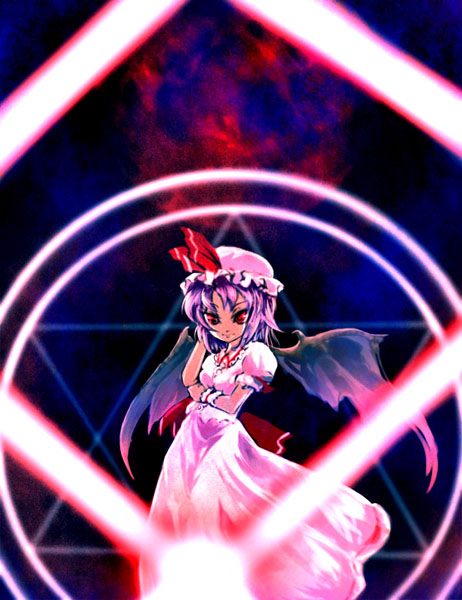 suisai (suisao), remilia scarlet, touhou, 1girl, female focus, hat, mob cap, outdoors, sky, solo, white hat, wings