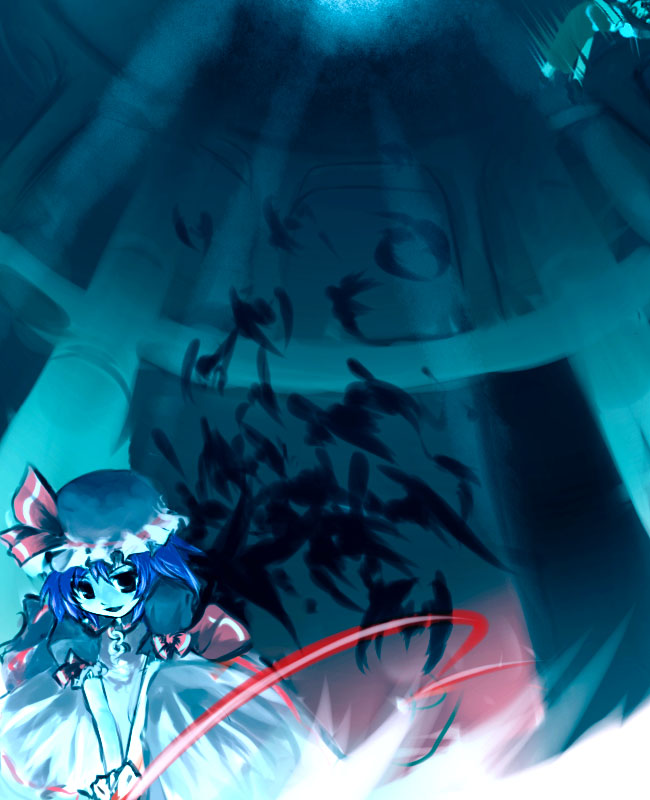 suisai (suisao), remilia scarlet, touhou, silver hair, 1girl, :d, animal, bat (animal), brooch, collar, female focus, frills, gem, hat, indoors, jewelry, looking at viewer, mob cap, open mouth, puffy short sleeves, puffy sleeves, red eyes, short hair, short sleeves, smile, solo, string, string of fate
