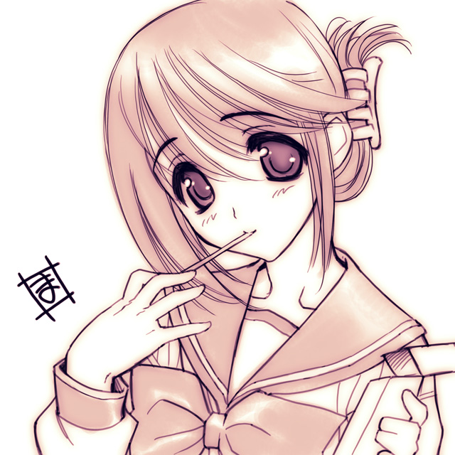 magaki ryouta, komaki manaka, to heart (series), to heart 2, 00s, 1girl, female focus, folded ponytail, food, monochrome, pink theme, pocky, school uniform, serafuku, solo