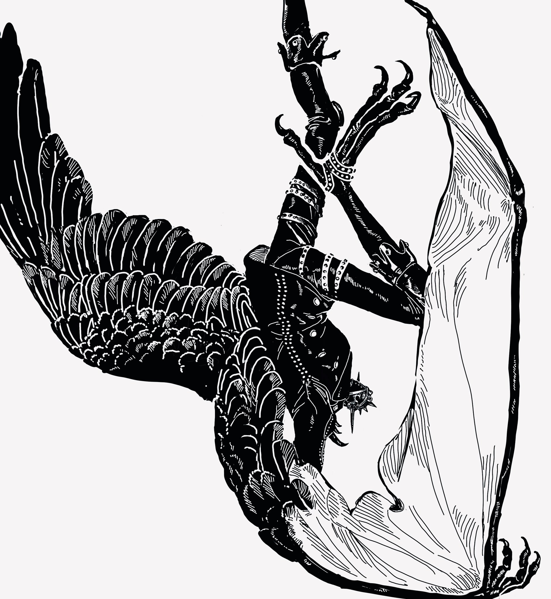 king (one piece), one piece, highres, 1boy, asymmetrical wings, bird legs, bisphonate, black jacket, black pants, feathered wings, gimp mask, goggles, goggles on head, jacket, looking at viewer, male focus, mask, monochrome, pants, shoulder spikes, simple background, solo, spikes, upside-down, wings