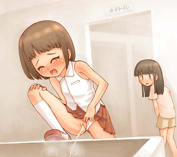 gouchin (nyou-tou), original, translated, 2girls, black hair, blunt bangs, blush, cleft of venus, clothes lift, clothing aside, have to pee, loli, long hair, multiple girls, panties, panties aside, peeing, plaid clothes, plaid skirt, pleated skirt, public indecency, pussy, school uniform, serafuku, shirt, shoes, short hair, shorts, skirt, skirt lift, sleeveless, spread legs, tears, uncensored, underwear, white shirt