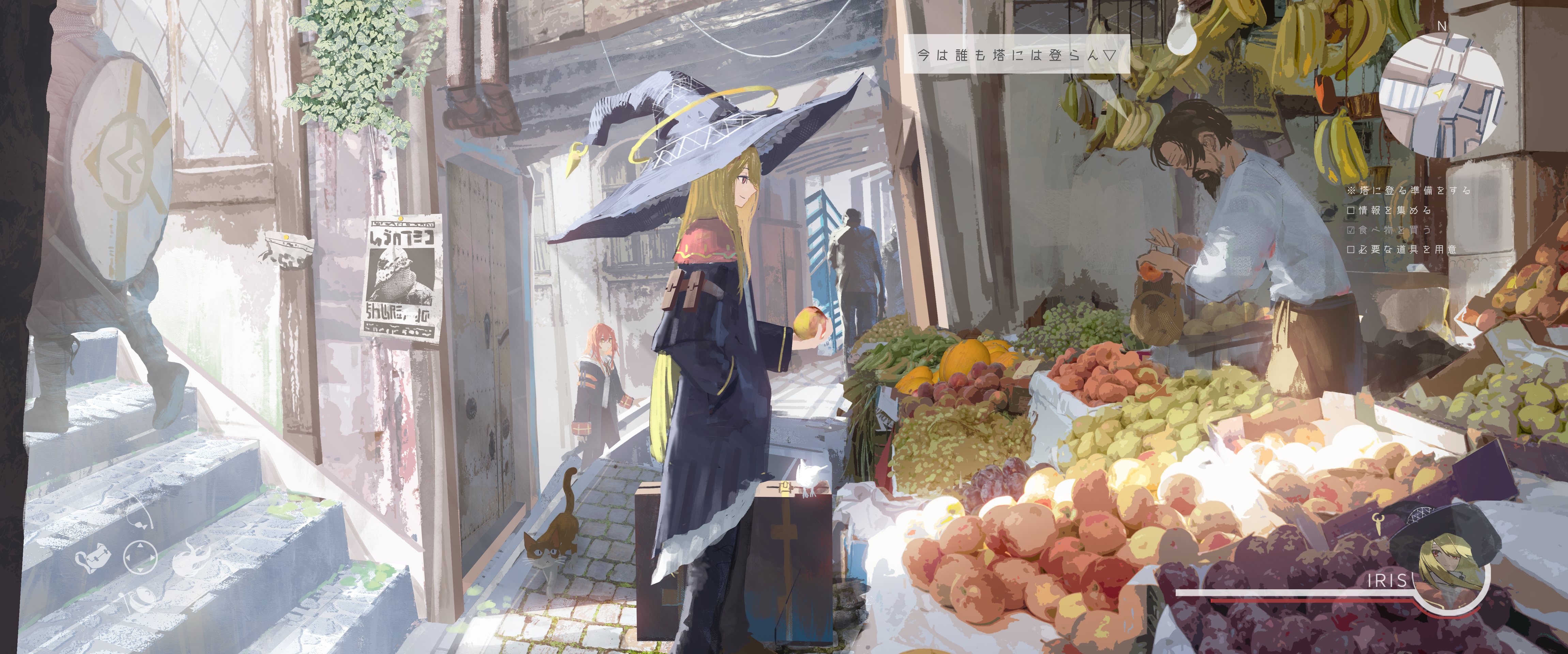 asteroid ill, iris (asteroid ill), merchant, original, absurdres, highres, 1other, 2boys, 2girls, animal, apple, bag, banana, basket, beard, bird, black coat, black pants, blonde hair, brown hair, brown pants, cat, coat, day, facial hair, food, fruit, grapes, groceries, hand in pocket, hanging food, hat, heads-up display, health bar, holding, holding food, holding fruit, holding shield, lamp, leaf, long hair, long sleeves, market, market stall, melon, minimap, multiple boys, multiple girls, neck ribbon, pants, plant, red hair, ribbon, scenery, shield, shirt, smile, stairs, standing, stone floor, stone stairs, storefront, suitcase, sunlight, torn, user interface, vegetable, very long hair, wanted poster, white shirt, wide shot, witch, witch hat