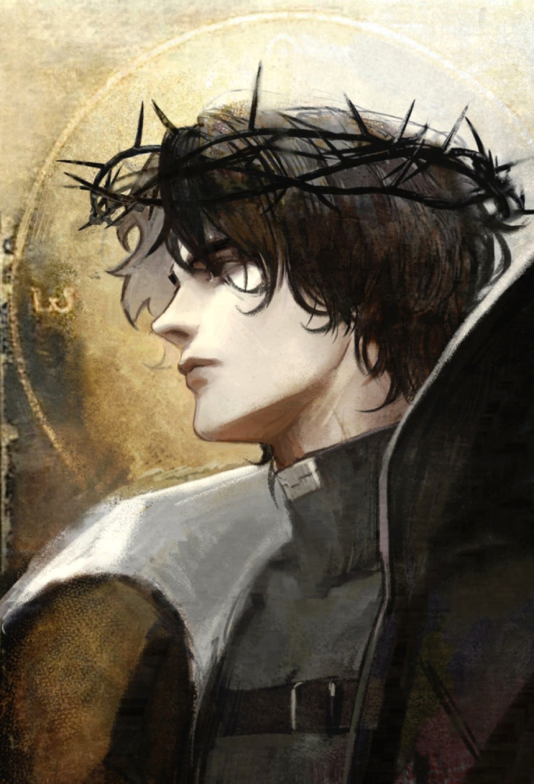 nikily, yoo joonghyuk, omniscient reader's viewpoint, commentary, english commentary, highres, 1boy, black coat, black eyes, black hair, chest belt, coat, compass print, crew neck, crown of thorns, curtained hair, halo, halo behind head, looking to the side, male focus, messy hair, painterly, popped collar, serious, short hair, solo
