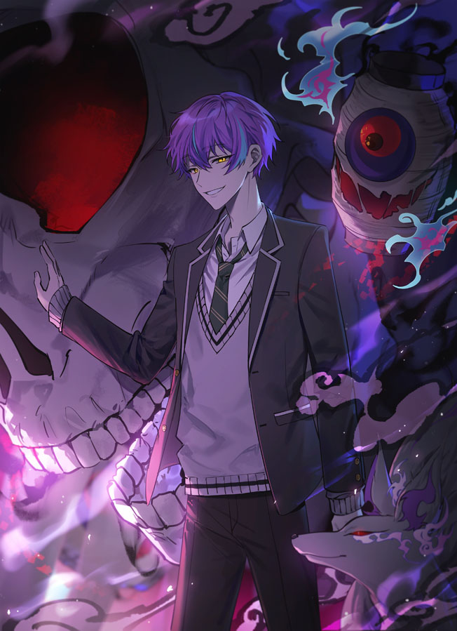 hk (wgyz7222), kamishiro rui, project sekai, commentary, 1boy, black jacket, black pants, blazer, blue hair, collared shirt, diagonal-striped clothes, diagonal-striped necktie, grey sweater, hand up, ichigo ichie na hyakki yagyou!? (project sekai), jacket, lapels, long sleeves, looking at viewer, male focus, necktie, notched lapels, official alternate costume, official alternate hairstyle, open clothes, open jacket, pants, purple hair, school uniform, shirt, short hair, skull, smile, striped clothes, sweater, teeth, yellow eyes
