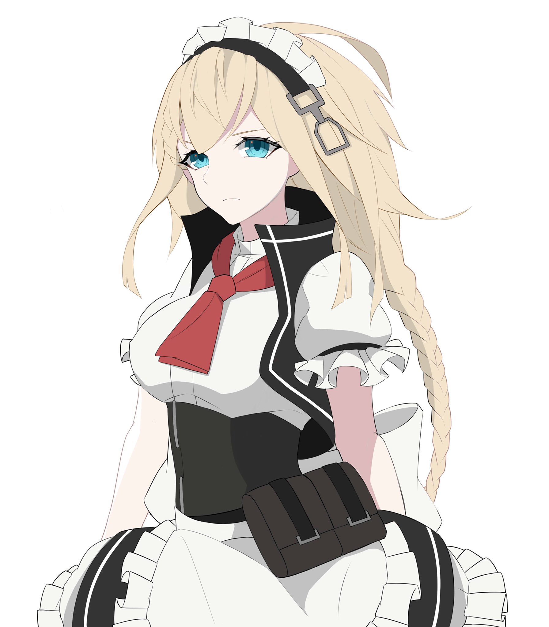 en homuran, g36 (girls' frontline), girls' frontline, highres, protected link, 1girl, apron, aqua eyes, blonde hair, braid, braided ponytail, breasts, frills, long hair, maid, maid apron, maid headdress, medium breasts, neckerchief, puffy short sleeves, puffy sleeves, red neckerchief, short sleeves, solo, very long hair