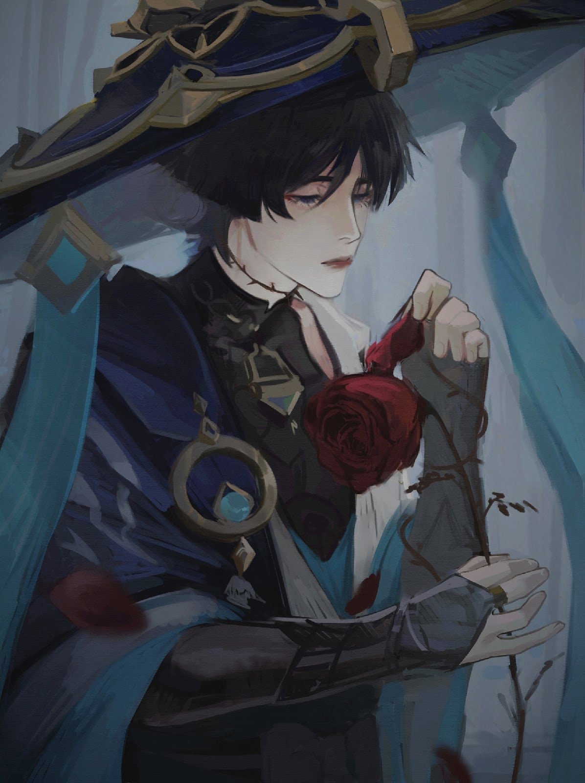 nikily, scaramouche (genshin impact), wanderer (genshin impact), genshin impact, clothing request, commentary, english commentary, highres, 1boy, black eyes, black hair, brooch, flower, hat, holding, holding flower, holding petal, jewelry, male focus, petals, red flower, red rose, rose, scar, scar on neck, short hair, solo