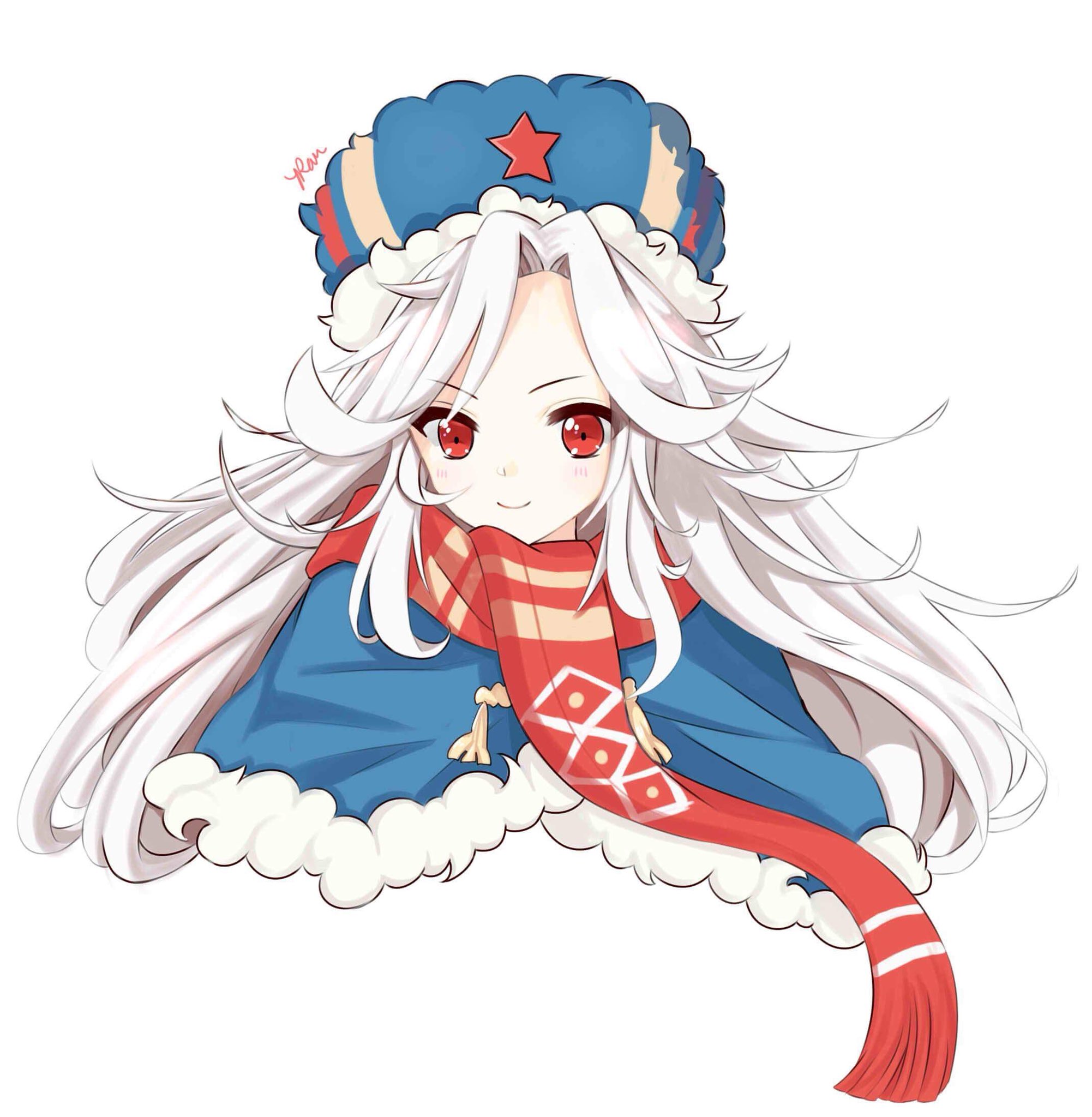 en homuran, makarov (girls' frontline), girls' frontline, highres, protected link, 1girl, blush, fur trim, hat, long hair, looking at viewer, messy hair, red eyes, red scarf, scarf, smile, solo, upper body, ushanka, very long hair, white hair