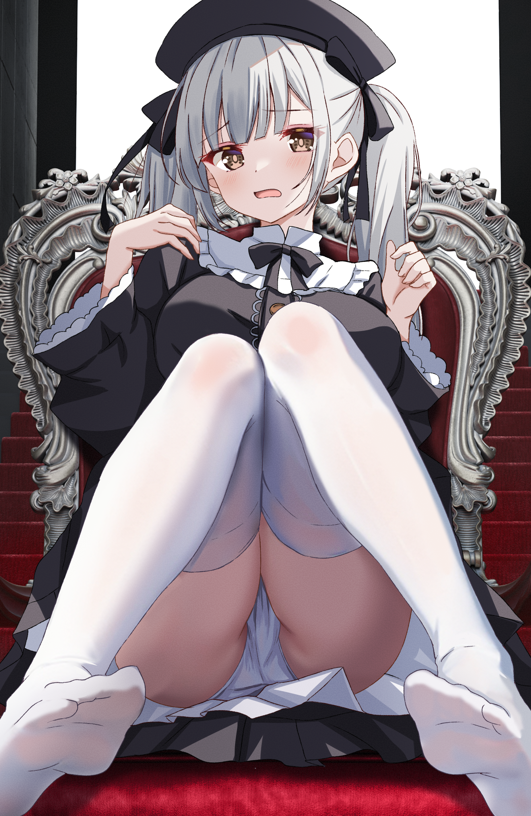 sakura mikan (chirizakura), original, absurdres, commentary request, highres, variant set, 1girl, ass, beret, black bow, black dress, black hat, blush, bow, bowtie, breasts, chair, collar, dress, fingernails, frilled dress, frills, full body, grey hair, hair bow, hand on own shoulder, hands up, hat, high collar, knees together feet apart, large breasts, long hair, long sleeves, no shoes, on chair, open mouth, panties, sitting, solo, thighhighs, thighs, twintails, underwear, white collar, white panties, white thighhighs, yellow eyes