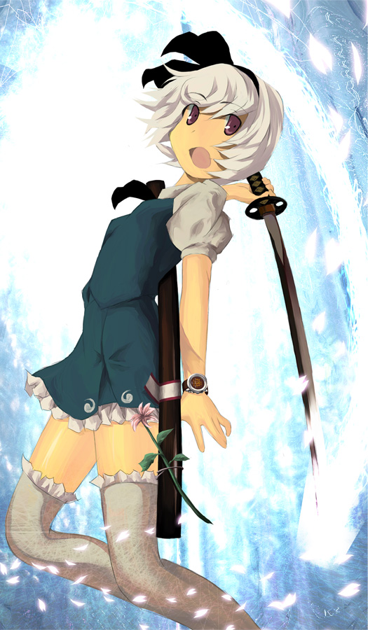 kusobaka, konpaku youmu, konpaku youmu (ghost), touhou, bad id, bad pixiv id, 1girl, female focus, flower, hitodama, katana, short hair, solo, sword, thighhighs, watch, weapon, white hair, wristwatch