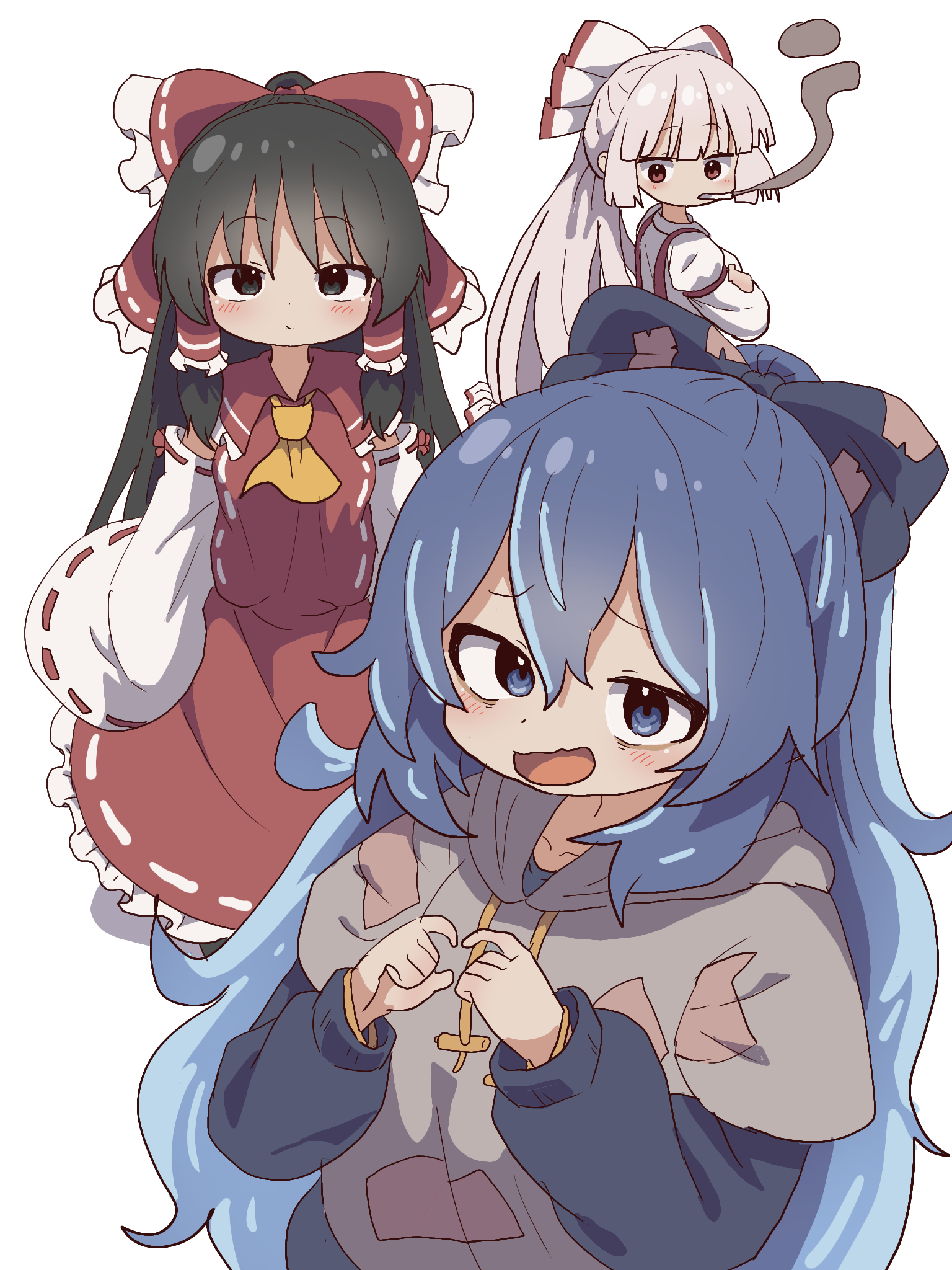 magg (user mtca8588), fujiwara no mokou, hakurei reimu, yorigami shion, touhou, highres, 3girls, :o, ascot, black eyes, black hair, blue bow, blue eyes, blue hair, blue sweater, blush, bow, cigarette, crossed arms, detached sleeves, expressionless, frills, grey hoodie, hair bow, hair tubes, hood, hoodie, index fingers together, long hair, long sleeves, looking at viewer, looking back, multiple girls, open mouth, red bow, red eyes, red shirt, red skirt, shirt, skirt, sleeveless, sleeveless shirt, smile, smoke, smoke trail, smoking, sweater, very long hair, white background, white hair, white shirt, yellow ascot