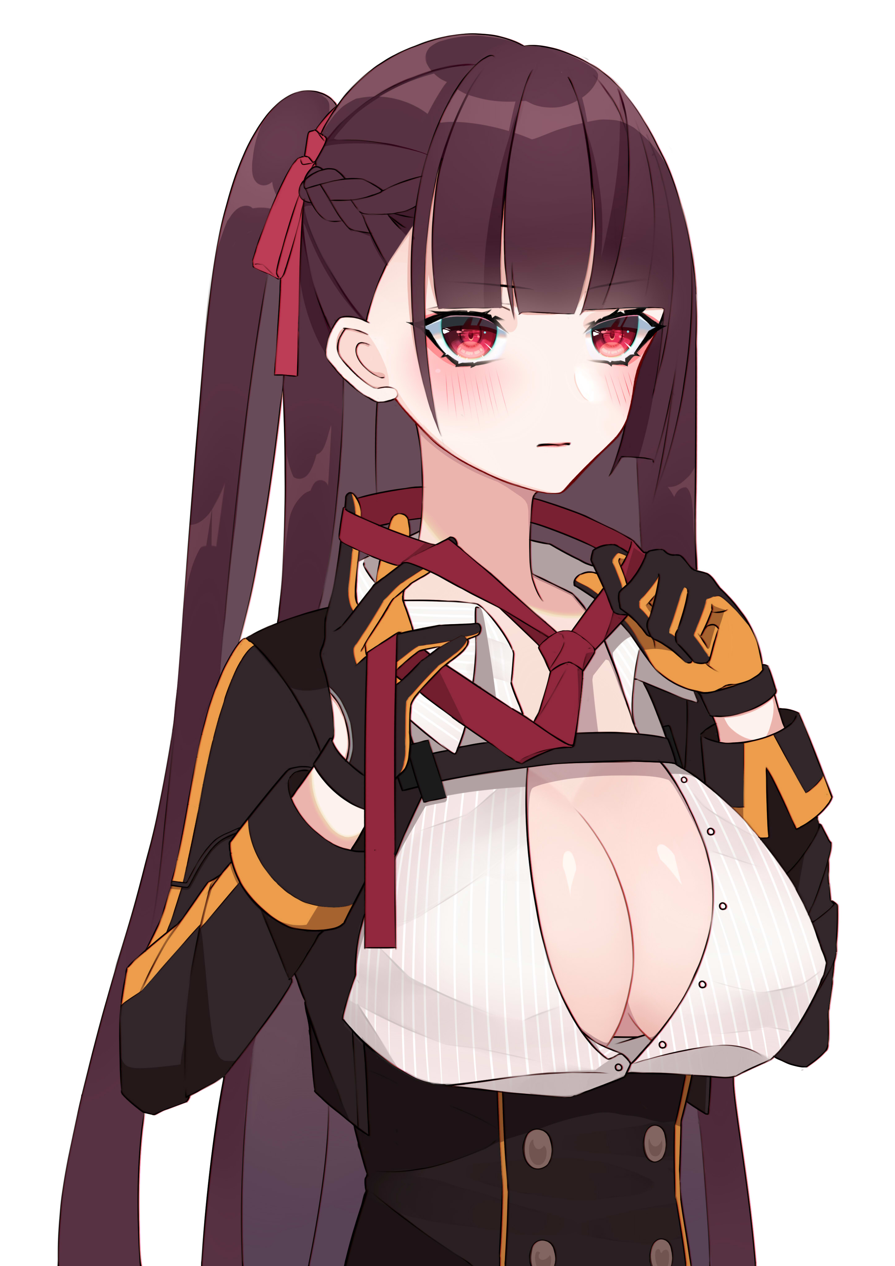 en homuran, wa2000 (girls' frontline), girls' frontline, absurdres, highres, 1girl, asymmetrical hair, black gloves, black jacket, blunt bangs, blush, braid, breasts, buttons, cleavage, collared shirt, double-breasted, gloves, hair ribbon, hands up, jacket, large breasts, light blush, long hair, long sleeves, looking at viewer, loose necktie, necktie, no bra, no nose, partially unbuttoned, purple hair, red eyes, red necktie, red ribbon, ribbon, shiny skin, shirt, side ponytail, simple background, solo, square-end necktie, standing, two-tone gloves, undressing, upper body, very long hair, white background, white shirt, wing collar, yellow gloves, yellow trim