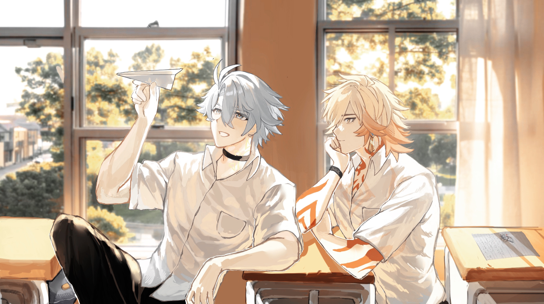 mydei (honkai: star rail), phainon (honkai: star rail), honkai: star rail, honkai (series), chinese commentary, commentary request, highres, 2boys, arm tattoo, black pants, blonde hair, braid, chair, chest tattoo, collared shirt, desk, gradient hair, hair between eyes, holding, holding paper airplane, male focus, medium hair, multicolored hair, multiple boys, pants, paper airplane, red hair, red tattoo, school chair, school desk, school uniform, shirt, side braid, tattoo, white shirt, wochaoyongde66791, yellow eyes