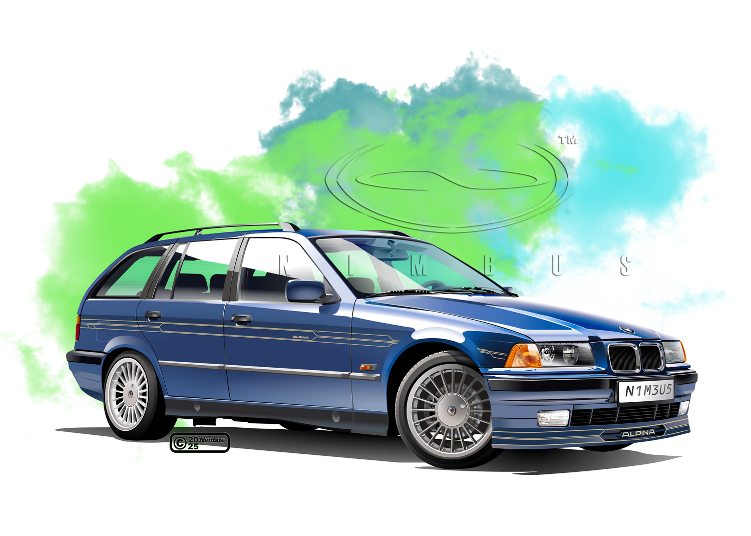 nimbus goldbrum, bmw, original, 2025, artist name, blue car, bmw 3 series, bmw e36, bmw e36 alpina b3, car, copyright notice, license plate, logo, motor vehicle, no humans, product placement, simple background, vehicle focus, watermark, white background